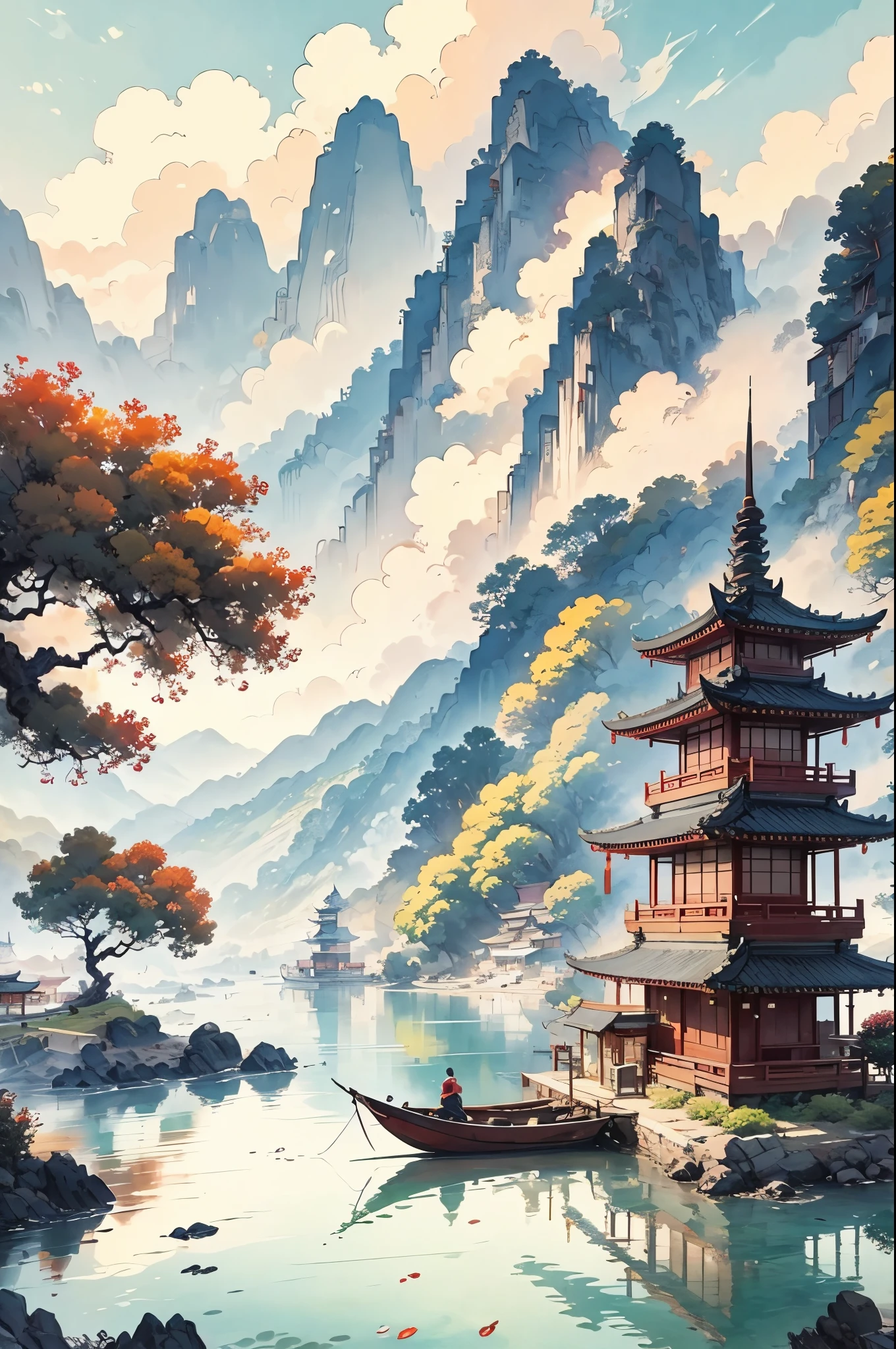 Mountain painting with a pagoda on a small island, Detailed paintings by Yang Jie, pixiv, Modern European ink painting, chinese watercolor style, chinese painting style, digital painting of a pagoda, Chinese landscape, traditional Chinese watercolor painting, Chinese-style painting, Japan Art Style, highly detailed water colour 8 k, Highly detailed watercolor 8k, Detailed Painting 4 Painting of a boat with people on Lake K, Yang Jie&#39;s watercolor paintings, Hot topics on artstation, Modern European ink painting, chinese watercolor style, chinese painting style, Dream China Town, digital painting of a pagoda, Japan Art Style, Chinese-style painting, detailed painting 4 k, A beautiful artistic illustration, highly detailed water colour 8 k