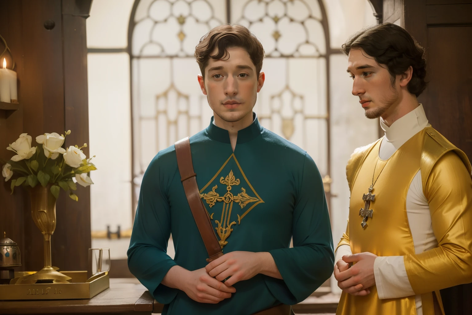 1136, Kingsbridge, England. otherworldly scene in a monastery, ((((27-year-old)) Richard Rankin)), with Adam Driver, monk, conspiring, secrecy, smug smile, ((((poor plain tunic from the 12th century)))), ((Hairstyle of the 12th century)), ((Wes Anderson cinematic style)), colorful