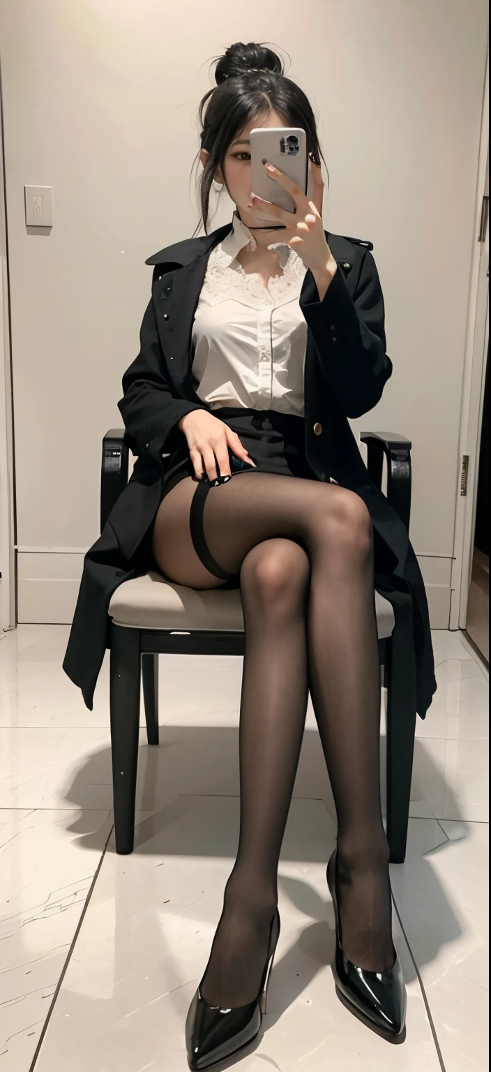 there a woman sitting on a chair taking a picture of herself, noble ponytail。woman wearing black coat and stockings, Normal legs, Nice face,on the floor on all fours, long, lean legs, 19 year old girl, gorgeous chinese models, Very beautiful slender legs, crossed legs, lace hose, Nylon tights, photo of slim girl, full legs, law