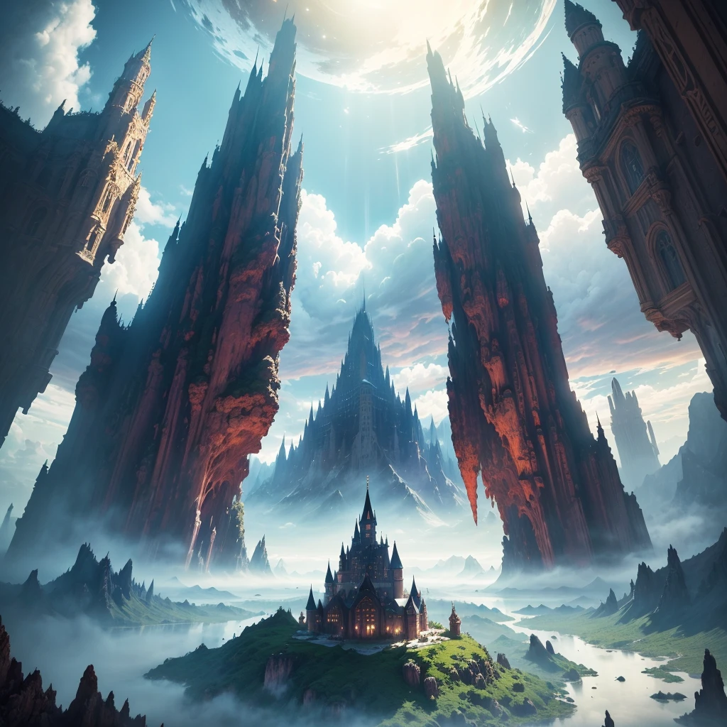 (tmasterpiece)),((Best quality at best)),((High- sharpness)),((actual,))In a red dream, (Background with:Deep in space),(Biomechanical moving castle),There are complex cities,the street,(safe:1.2),(Spotted creek beast:1.2)Mysterious outer space, floating mountains, Avatar landscape, Water channels, (Hallelujah Hanging Mountain:1.2), (Giant castle floating in the air: 1.5), (Reflectorizarre and fascinating plants from outer space), floating islands, , Movie dystopia, Epic matte painting, Dutch Golden Age painting, color, Shiny, fuzzy, fading border, partial underwater shot, 8K,floating platforms, Wonderful scenery all around, A full-body angel descends from the sky with devil wings