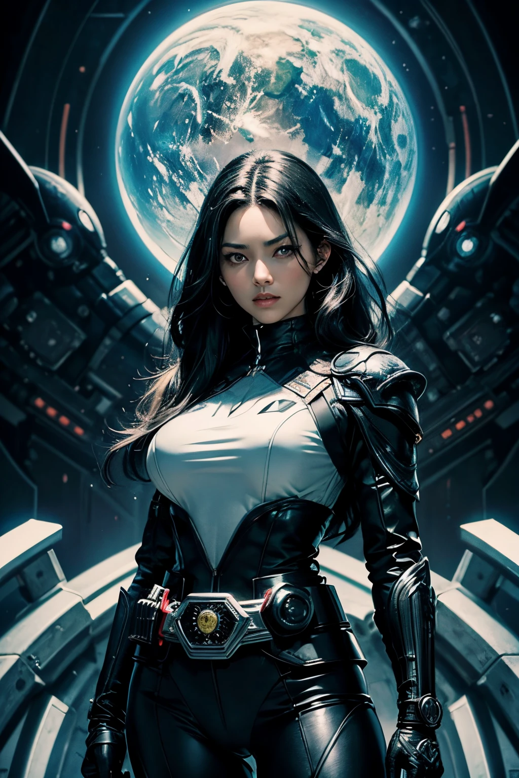 A woman in a futuristic suit standing in front of a planet - SeaArt AI