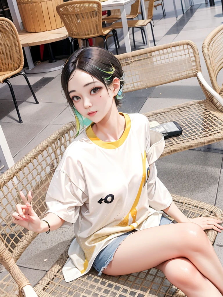 (tmasterpiece, Best quality,8K,CG),1 Sister,Short hair details lack hair color hair |Green hair), rainbow hair colorful hair,Gradient hair color,ssmile
(clear plastic coating:1.2),Black t-shirt background with:1.2) ,Shiny, Light particles, Moles under the eyes, hairy balls, Large bubbles, 鎖骨, shairband, Light particles, flare,