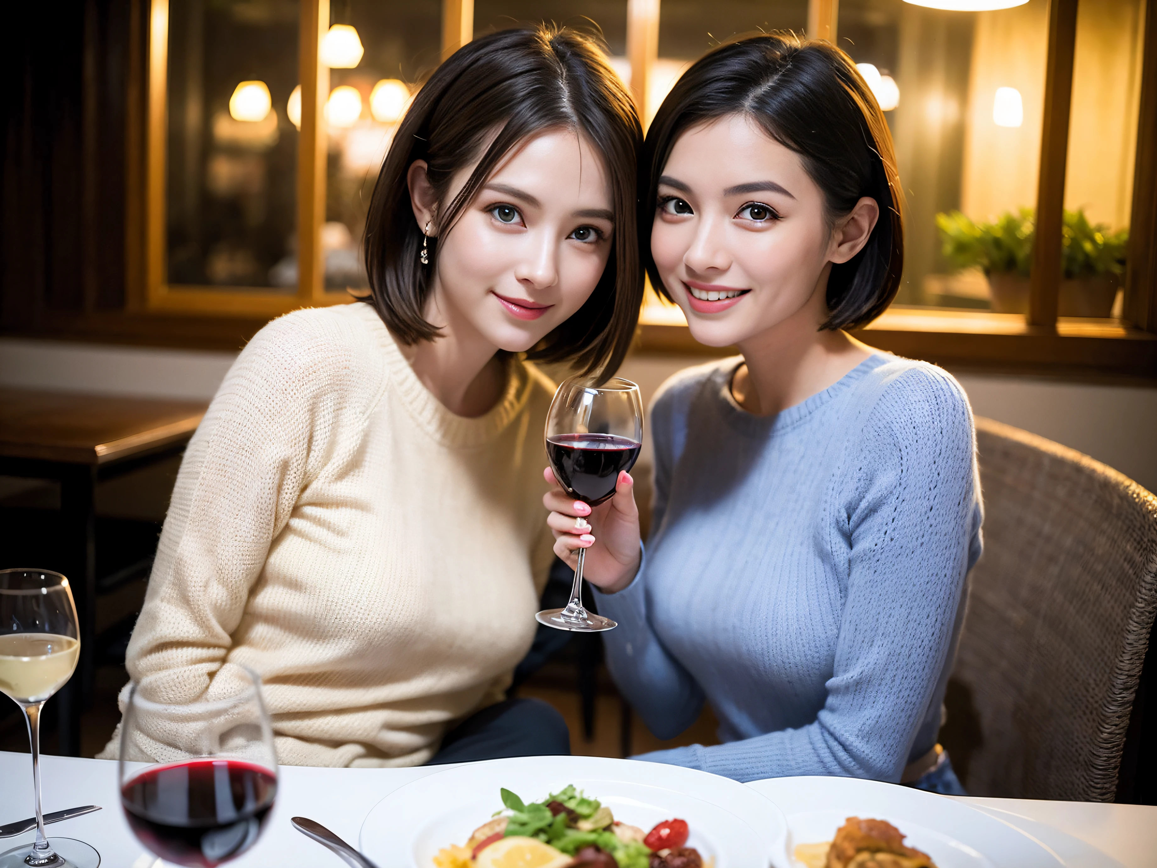 (64k uhd、nffsw、top-quality、​masterpiece:1.2)、(realisitic、Photorealsitic:1.37)、ultra-detailliert、wine glasses、enjoying a glass of wine、a matural female、Two beautiful women、(Slim Faces)、(Slim body)、（brawn hair）、(short-cut)、smiling french woman、happy italian girl、British woman、Americana、blush a little on the cheeks、(38 years)、42 year old、red wine、A beautiful and detailed night view spreads out outside the window...、resturant、Wine glasses in a prominent place、natta、(from waist up)、sitting on、date、(A smile:1.15)、Beautiful detailed eyes、Cashmere sweater、long-sleeved dresses、japanes、(short-hair:1.2)、Float NovaFrogStyle、、modeled、from waist up、white wine、Slimed、wine glasses、Super beautiful night view、Put the wine glass in the middle、Happy smile、(8K、Raw photography、top-quality、​masterpiece:1.2)、(realisitic、Photorealsitic:1.37)、ultra-detailliert、超A high resolution、2 females、see the beholder、beautifull detailed face、A smile、Constriction、(Slim waist) :1.3)、knit shirt、Beautiful detailed skin、Skin Texture、floated hair、professional light needle breast、eyes gentle