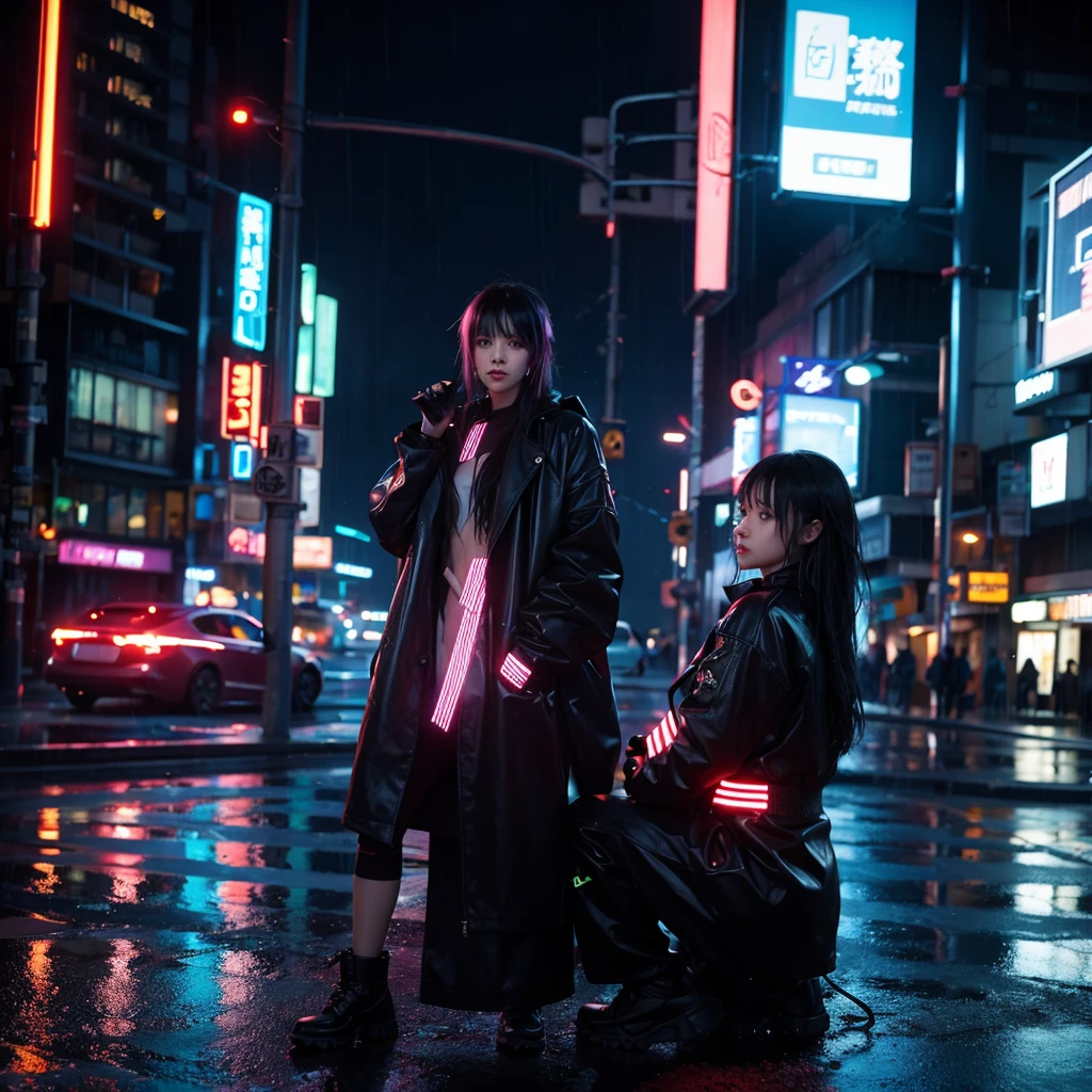 rainy evening,neonlight,cyber punk perssonage