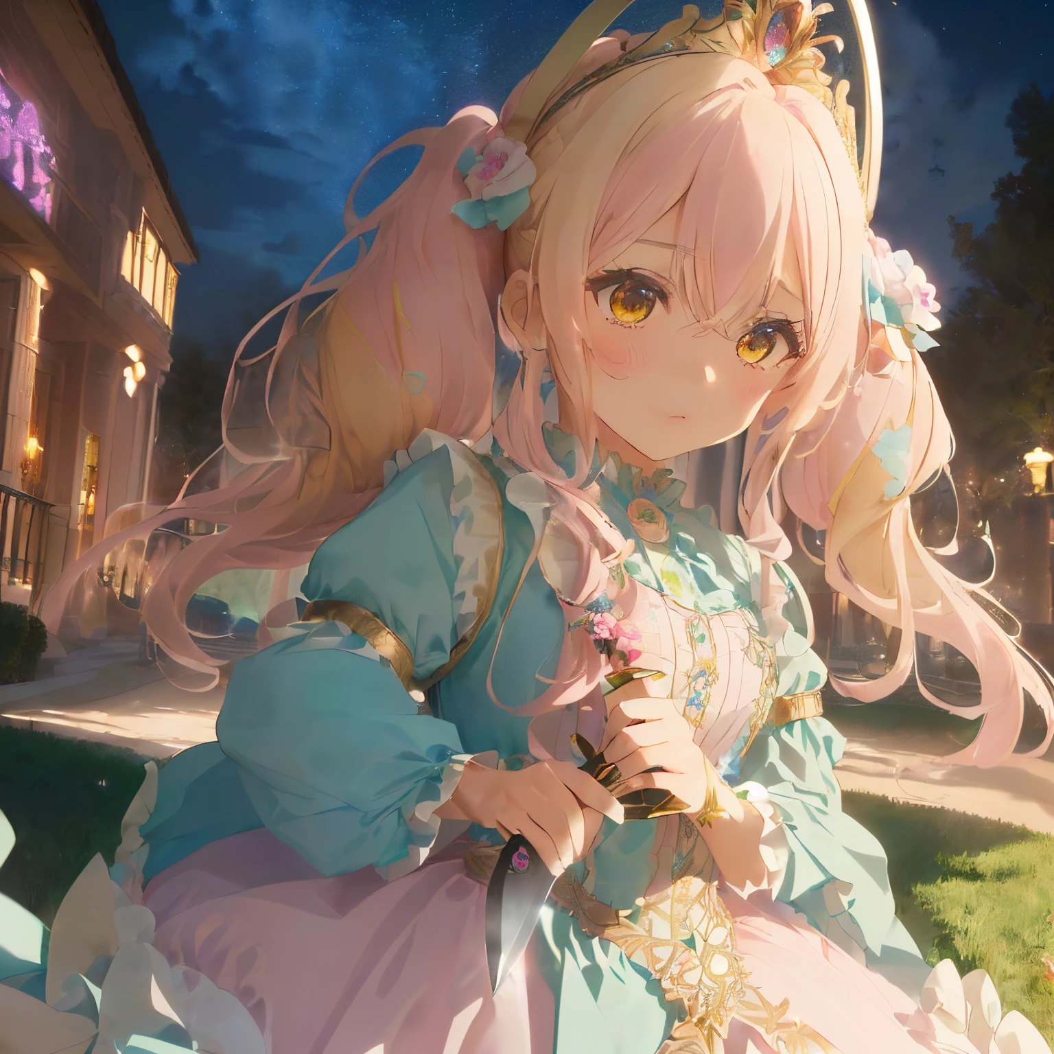 ((Long curled hair)),((Pigtails)),(Light gold and light pink bangis hair)),(half up),((Extravagant hairstyles)),(colorful light hair ornament),((A luxurious tiara with a flower motif)),((A park at night with magical lights、There are old dresses everywhere々dress decorated with..),((The hem of the dress is long enough to reach the ground.)),(white, yellow, Light pink, Light blue, and green),((Blowing wind and clothes, And flowing hair),((deadpan)),(((He holds a richly decorated knife in his hand.))),((close up of face)),Kamimei,((directly in front)),((A face that looks like it's turned away)),