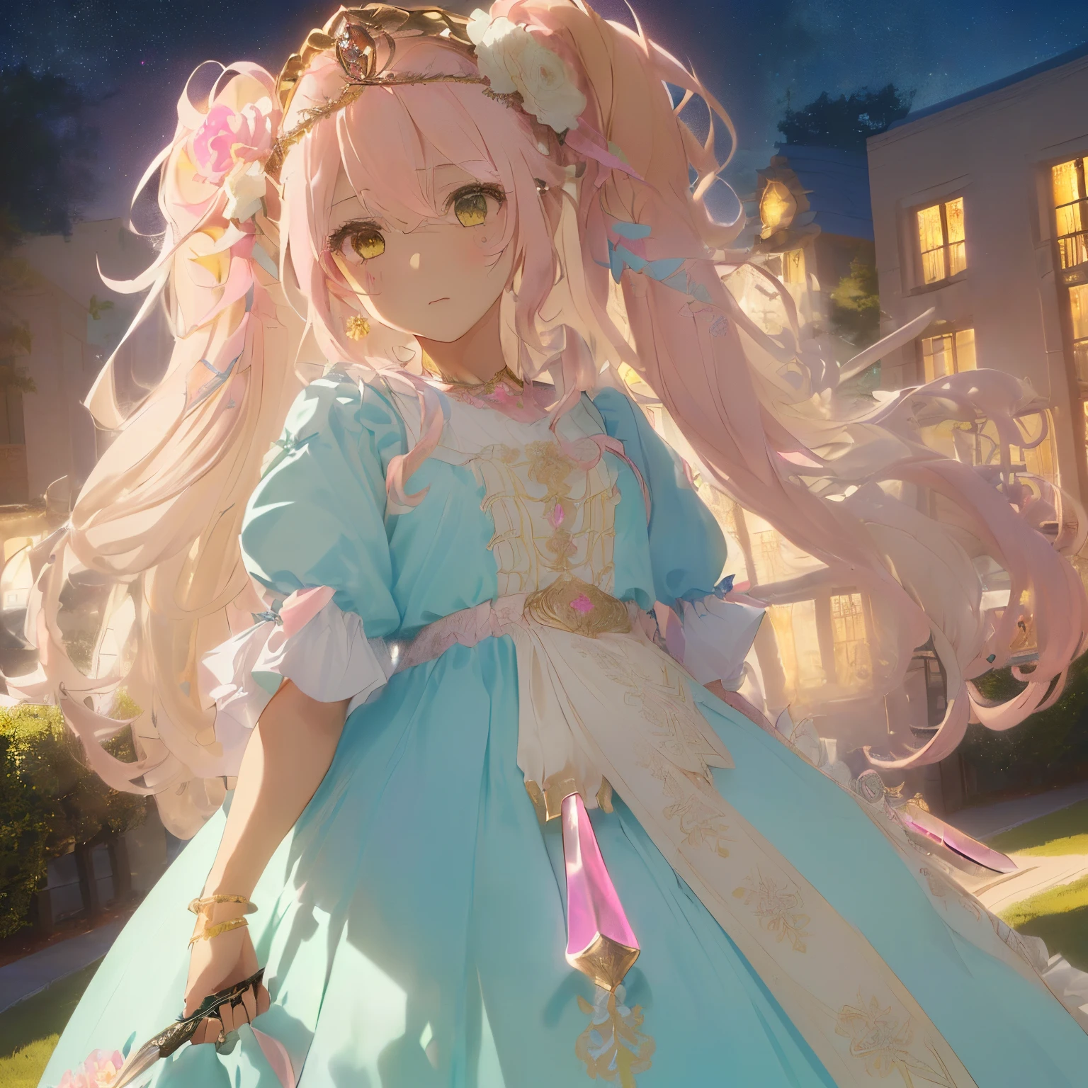 ((Long curled hair)),((Pigtails)),(Light gold and light pink bangis hair)),(half up),((Extravagant hairstyles)),(colorful light hair ornament),((A luxurious tiara with a flower motif)),((A park at night with magical lights、There are old dresses everywhere々dress decorated with..),((The hem of the dress is long enough to reach the ground.)),(white, yellow, Light pink, Light blue, and green),((Blowing wind and clothes, And flowing hair),((deadpan)),(((He holds a richly decorated knife in his hand.))),((close up of face)),Kamimei,((directly in front)),((A face that looks like it's turned away)),