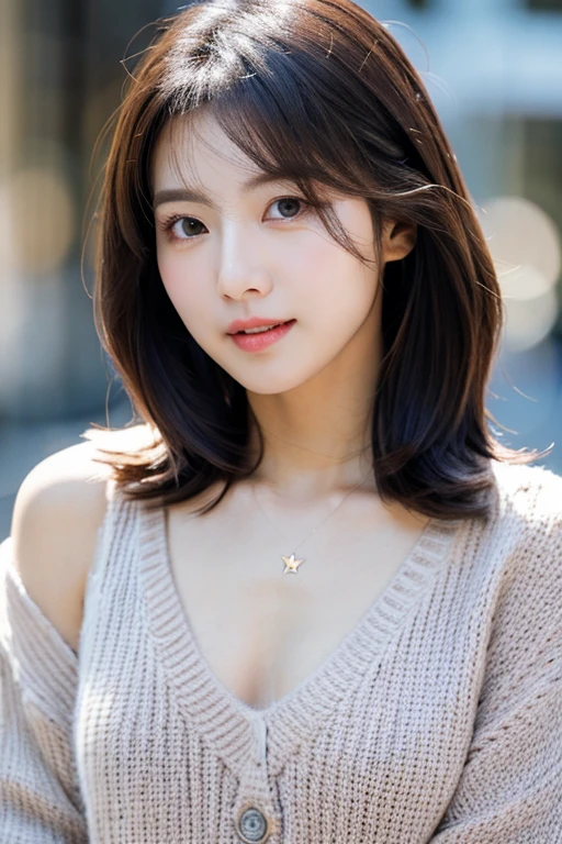 (1 cute Korean star) shoulder length hair, Thinning makeup, medium chest size, Wearing a sweater, Clear Facial Features, 8K high resolution, edgy, realistic detailed.from outside, Eye-level shooting, f/4.0, 135mm, Fujifilm, jpeg artifacts, dithering, UHD, ​masterpiece, s whole body, Upper body body, correct posture, Future-proof, Facing Forward