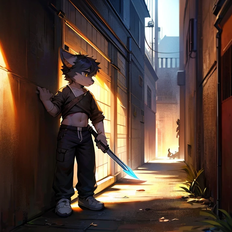 Dark style,male dog ears,shaggy,Standing in the corner with a sharp weapon in his hand,In a dark and shabby alley,He was injured and bleeding,wear thin clothes. He looked around with vigilant eyes,the only person