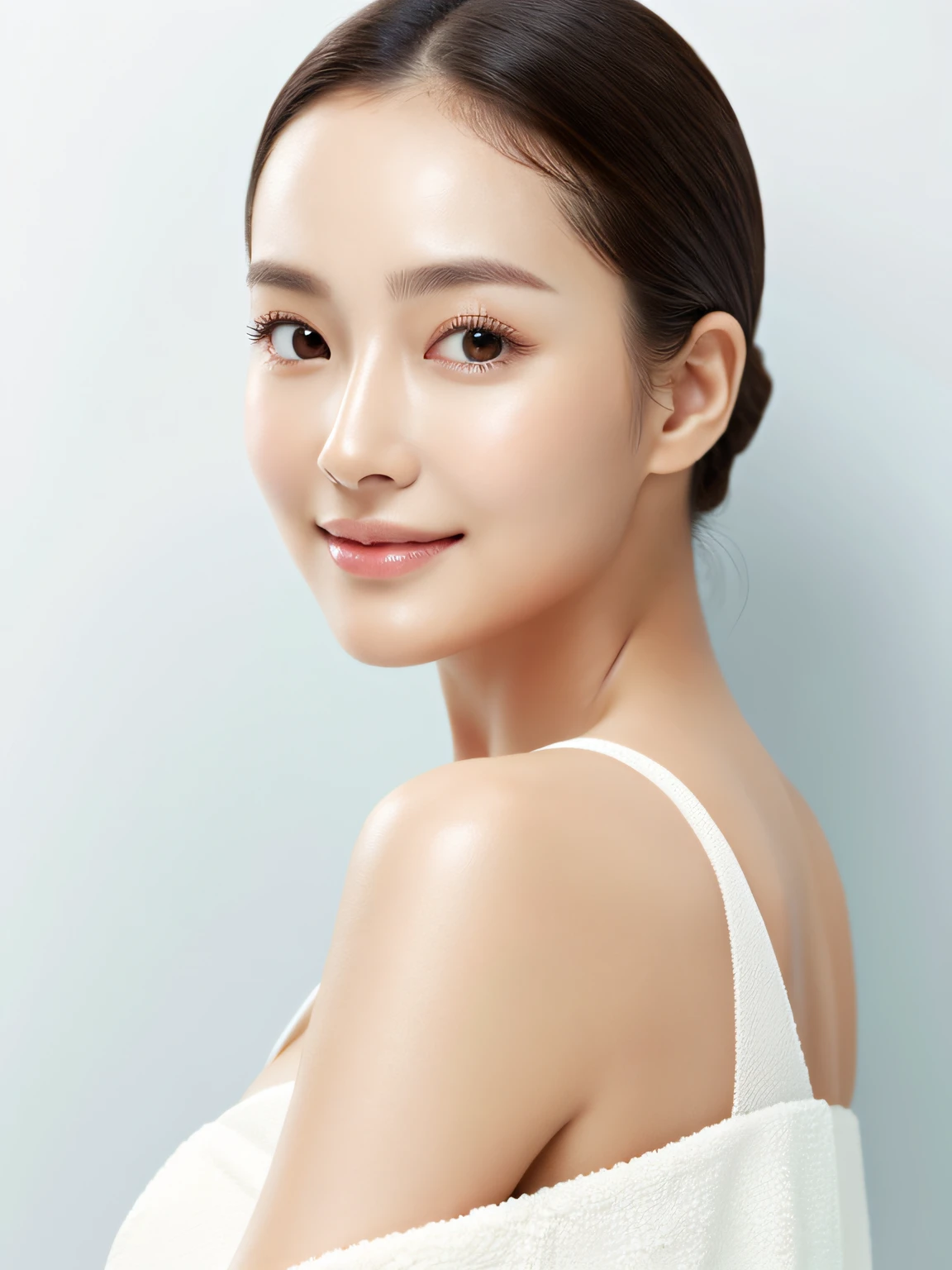 Beautiful skin woman like model in skincare advertisement　white  clothes　simple background　Makeup is light　clean　　　age 30s　Photorealistic skin　I don't know what AI is　Close to human　　Glossy skin　Face up　Fine texture　Beautiful forehead　Moisturized skin　with round face