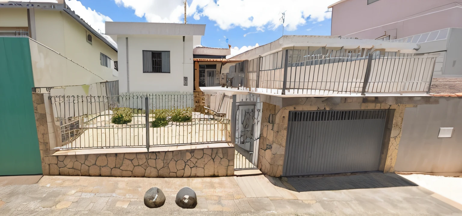 casa com detalhes em pedra e grades de metal em estilo anime