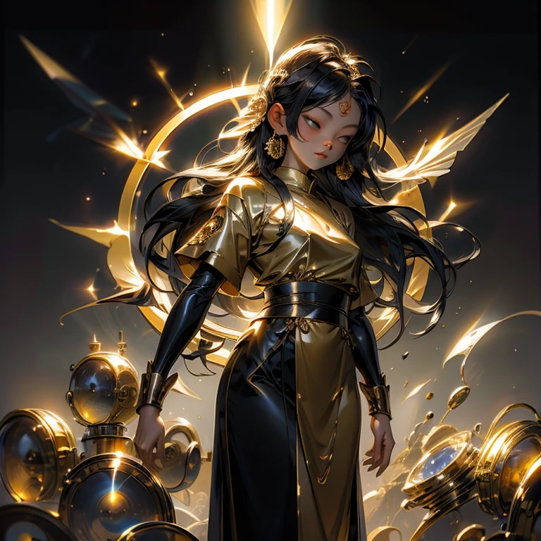 gold background,Background with sun halo,Japanese girl face,Extra long black hair hanging to the ground,Wish,Together,A plain cassock,Shine brightly,With Buddha beads,Quiet,divino,