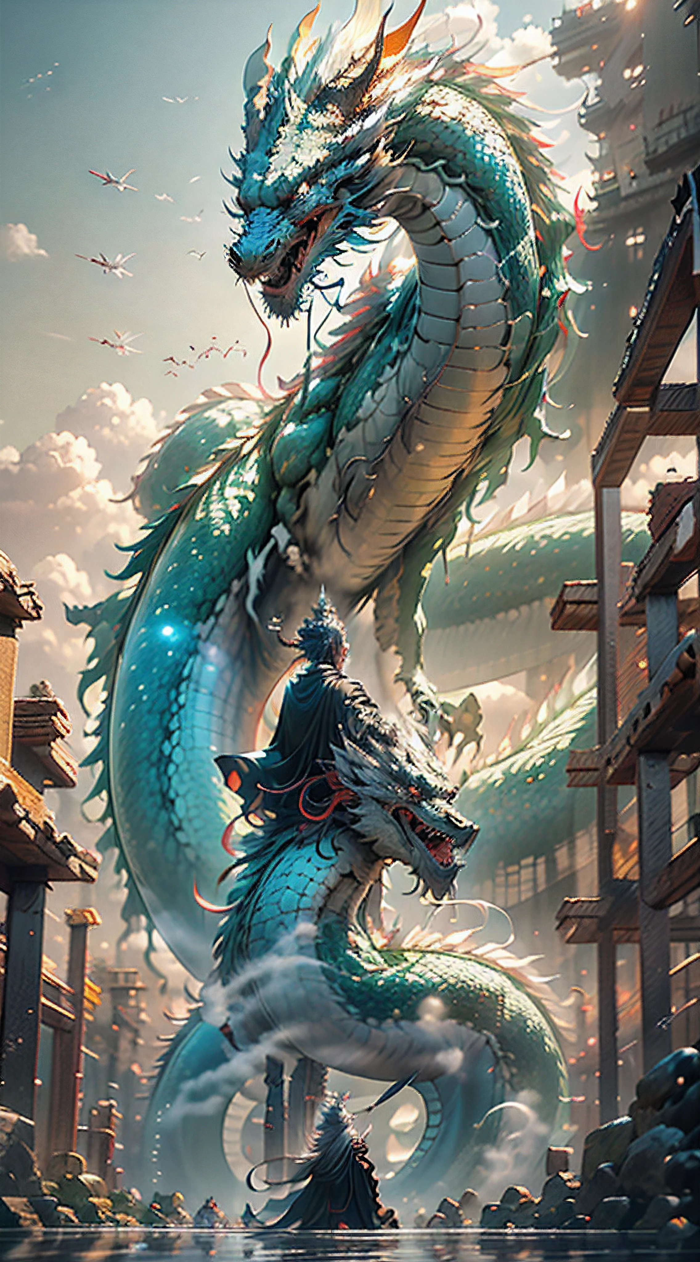 Buddha and dragon are fighting(fo:1.3),a cassock,dharma,Like the palm of the Buddha,The Chinese White Divine Dragon soared into the air,(Buddha manipulates dragons:1.3),(Buddha turned his back to the camera:1.3),Sky clouds surround the surroundings,Light magic,Fantastic background,Meaning background,Ridiculous background,There are artistic overlayulticolored hair, surrealism, Cinematic lighting, Ray tracing, god light, speed-line, angle of view, hyper HD, Masterpiece, Best quality, Super detail, A high resolution, High quality,(Far view:1.3)