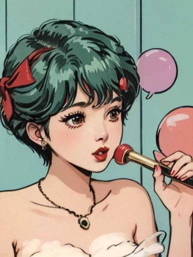 Shortcut Hair、makeup、red-lips、Taking a bubble bath、soap bubble bubbles