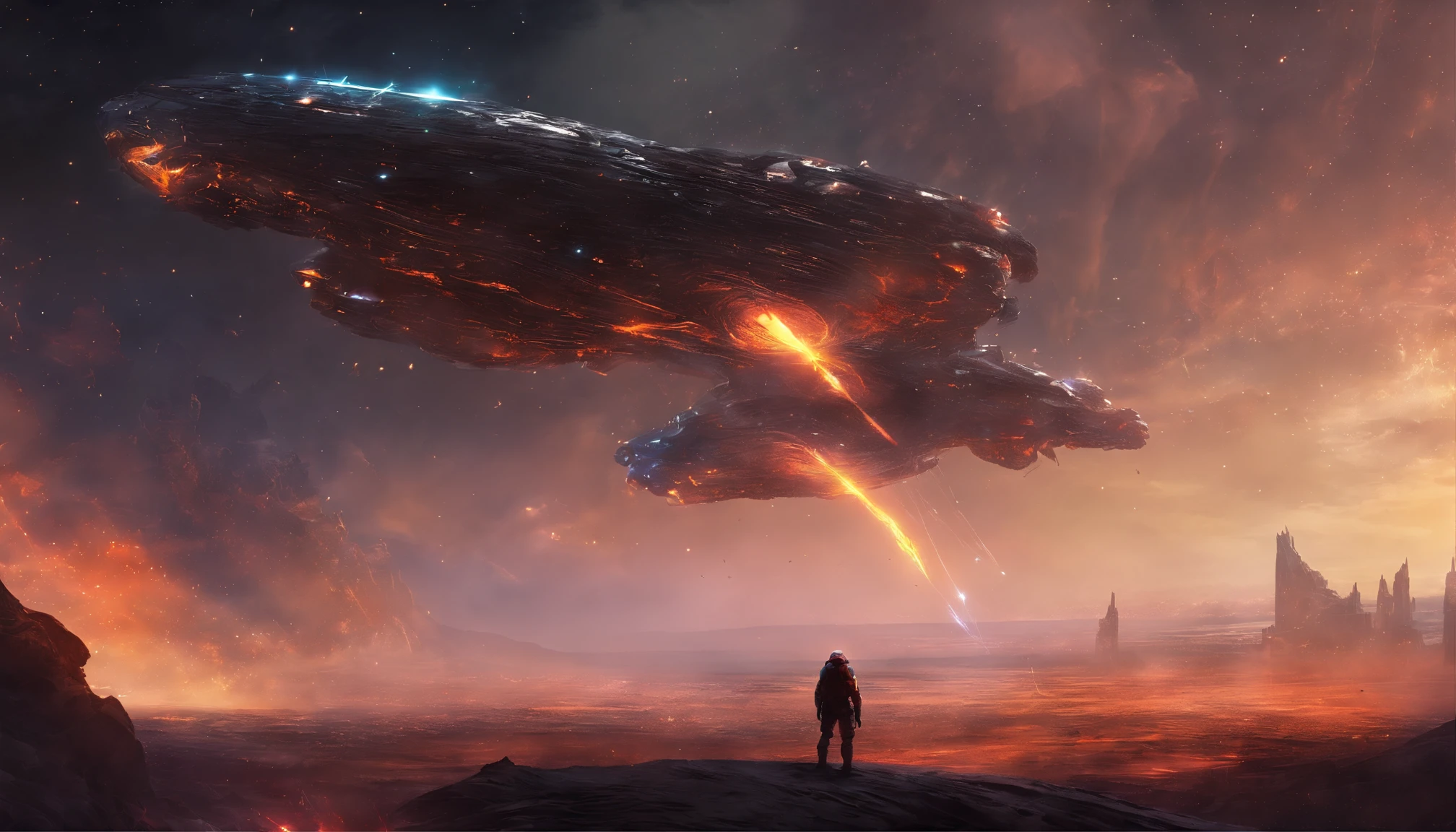 Thousands of spaceships fly from nebula black hole to Earth，In front of me  a huge Cerberus，It stands menacingly at a height of 100 meters, Batalha Camp Localization , Creative Art  4K, Sci-fi fantasy wallpaper, Art science fiction, Sci-fi art details, Beautiful sci-fi, Spaceship in cloudy sky, preliminary art of art concept, Art Concept 4K, Art Concept 4K, art concept science fiction, Mysterious sci-fi concept art, firey, blasts, escombros, Dirty