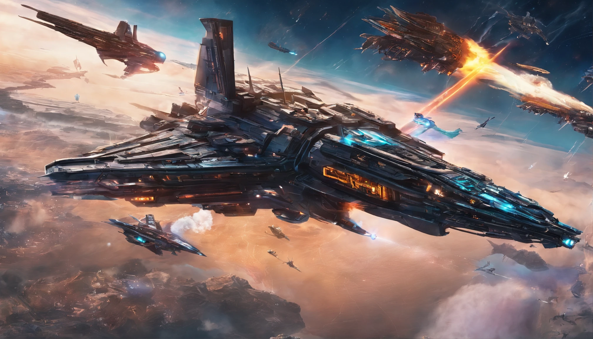 ,magnificent spectacle,(Chinese Characteristic Aviation Giant Sword Battleship,((Majesty,Be on one's high horse)),opening fire,Full fire,Bombardment,Bombing Japan,background in war,Highest image quality,Extremely high resolution of intricate details,Dynamic obfuscation