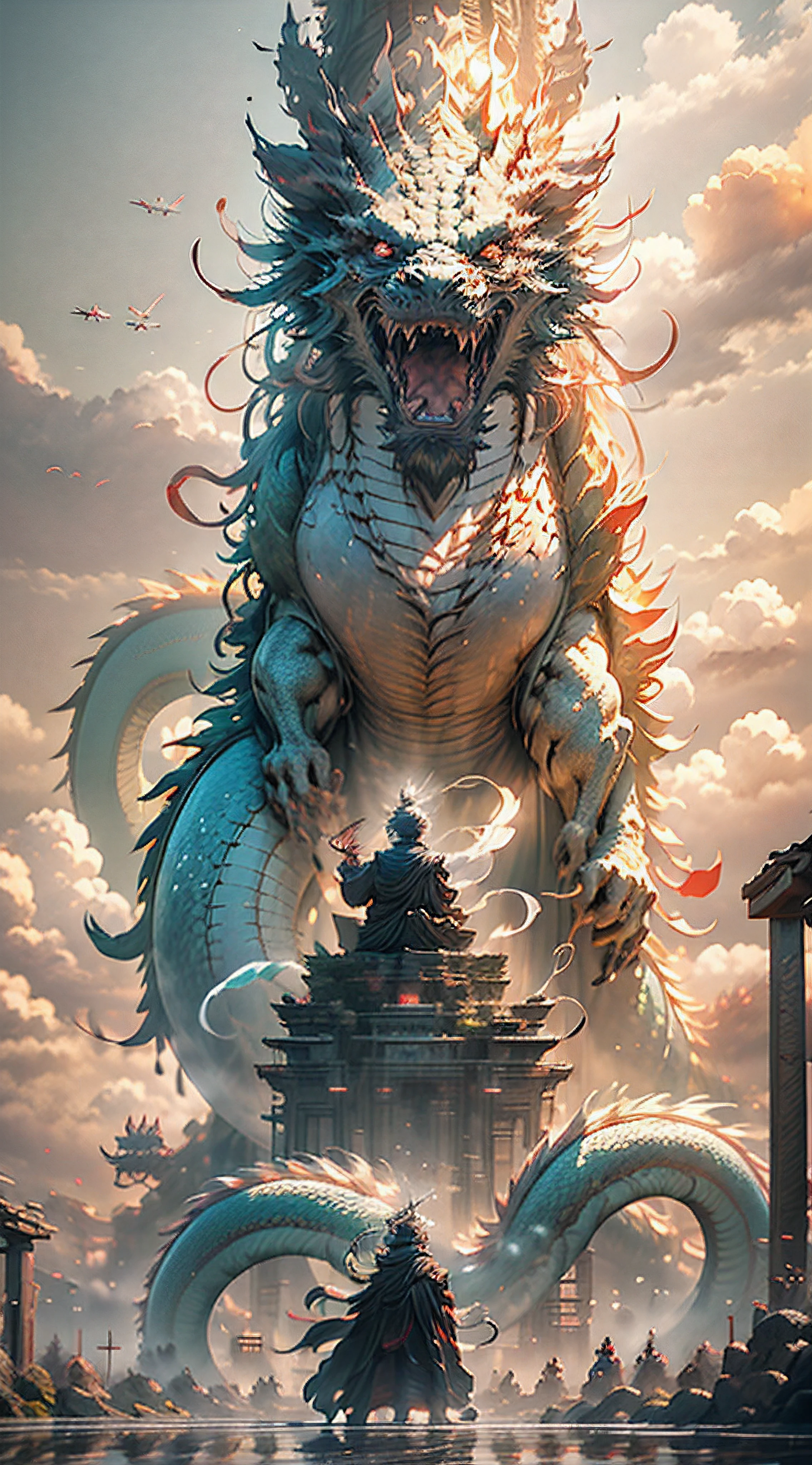 Buddha and dragon are fighting（fo：1.3）,a cassock,dharma,Like the palm of the Buddha,The Chinese White Divine Dragon soared into the air，（Buddha manipulates dragons：1.3），（Buddha turned his back to the camera：1.3），Sky clouds surround the surroundings，Light magic，Fantastic background，Meaning background，Ridiculous background，There are artistic overlayulticolored hair, surrealism, Cinematic lighting, Ray tracing, god light, speed-line, angle of view, hyper HD, Masterpiece, Best quality, Super detail, A high resolution, High quality，（Far view：1.3）