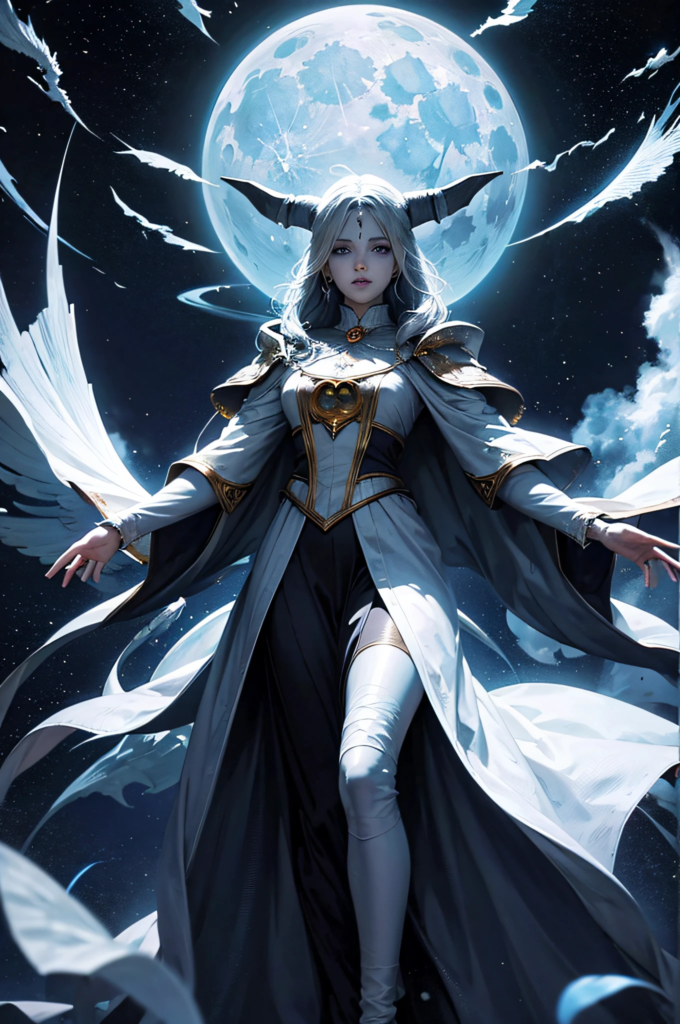 a lunar mage who uses the moon as a source of holy power, casting rays of cold, pale, holy light. they were billowing robes of black and silver