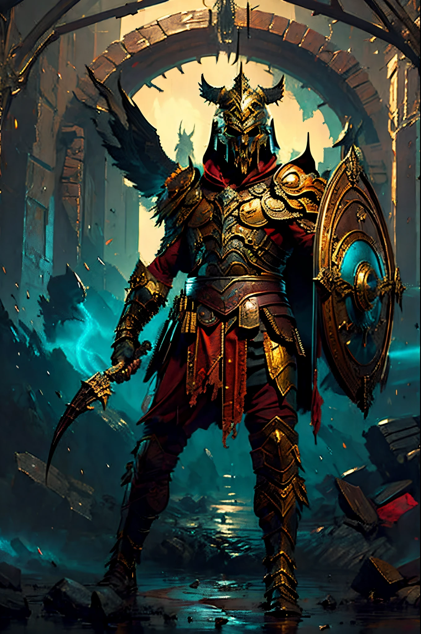 gothic art, lightand shade contrast, Standing painting, estimate, holland angle, emphasis lines, tmasterpiece, acurate, Anatomically correct, A high resolution, Best quality at best, super detailing, Award-Awarded,D14BL0 style warrior,Metallic-toned biomechanical armor, red capelet,a shield,longspear,Epic war fantasy digital art,(greg rutkovsky:0.8), (cyan and orange:0.4),