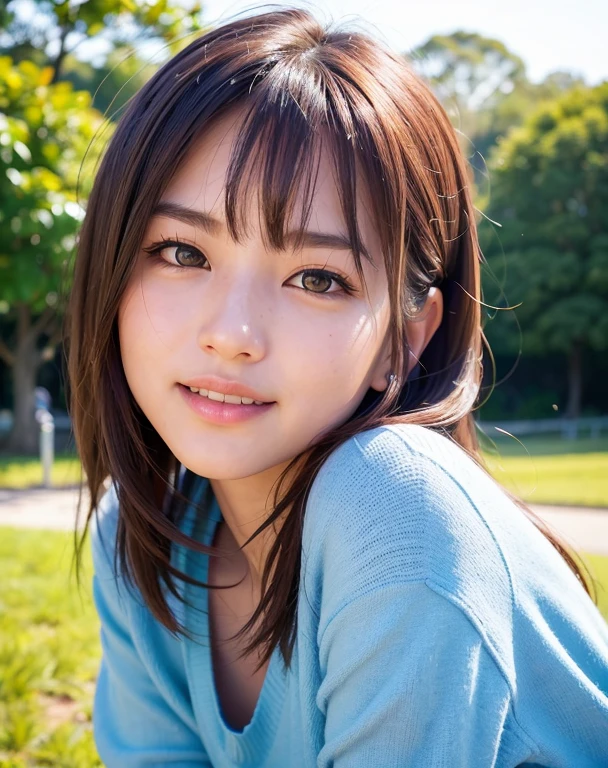 best quality, face focus, soft light, (depth of field) ,ultra high res, (photorealistic:1.4), RAW photo, (portrait:1.4) ,(from directly opposite,from front)
1japanese girl, solo, cute,wide-eyed eyes, (shy, smile:1.1), (brown eyes),  detailed beautiful face, (midi_hair),
beautiful park, walking,Hands down
(neat and tidy light blue clothing)