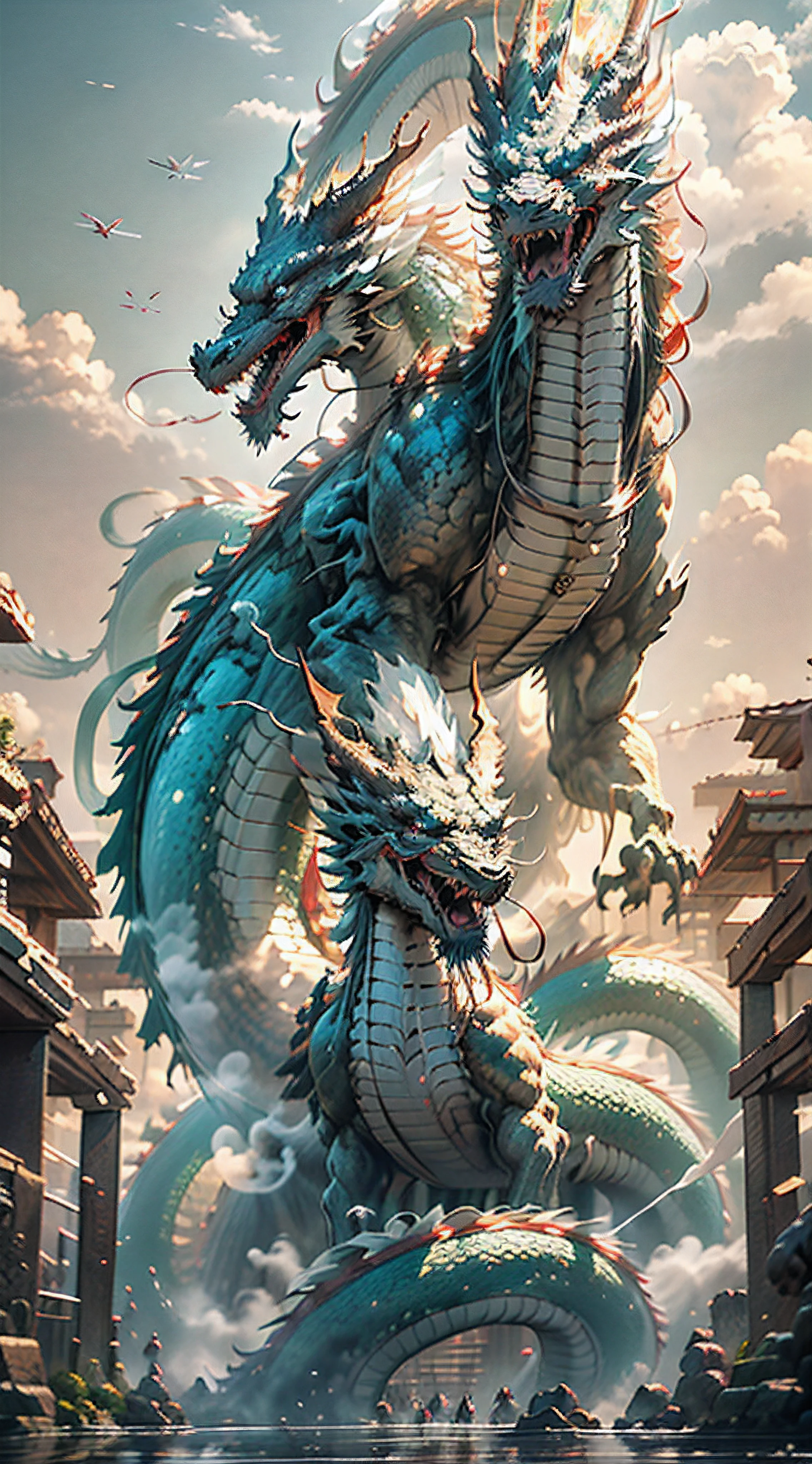 Buddha and dragon are fighting(fo:1.3),a cassock,dharma,Like the palm of the Buddha,The Chinese White Divine Dragon soared into the air,(Buddha manipulates dragons:1.3),(Buddha turned his back to the camera:1.3),Sky clouds surround the surroundings,Light magic,Fantastic background,Meaning background,Ridiculous background,There are artistic overlayulticolored hair, surrealism, Cinematic lighting, Ray tracing, god light, speed-line, angle of view, hyper HD, Masterpiece, Best quality, Super detail, A high resolution, High quality,(Far view:1.3)