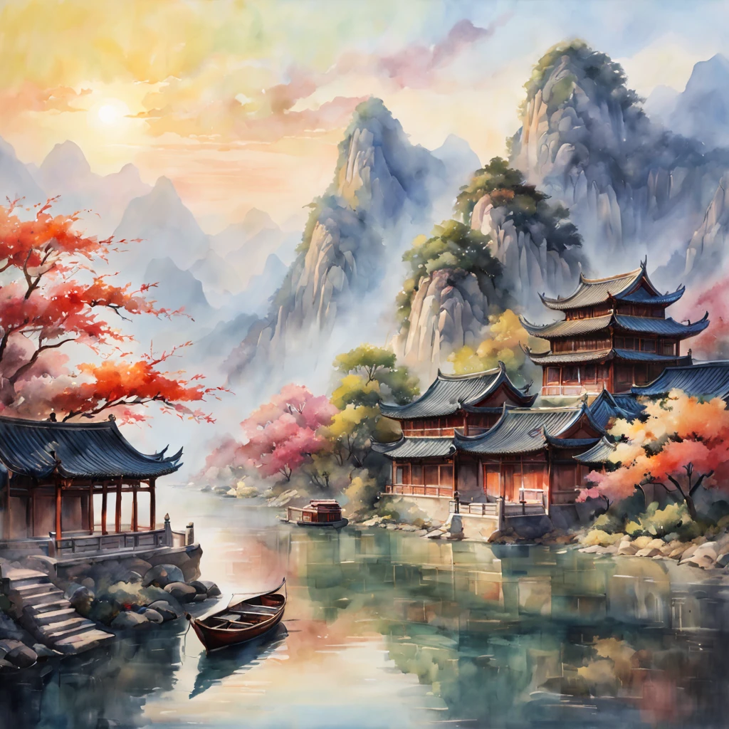 background, Chinese watercolor painting, Chinese landscape painting, distant mountains, Chinese architecture, and small boattremely colorful, Best quality, high detailed, Masterpiece, Cinematic Lighting, 4K, Chiaroscuro,Ray traching)
