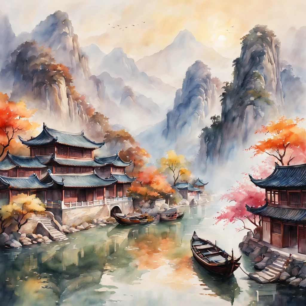 background, Chinese watercolor painting, Chinese landscape painting, distant mountains, Chinese architecture, and small boattremely colorful, Best quality, high detailed, Masterpiece, Cinematic Lighting, 4K, Chiaroscuro,Ray traching)