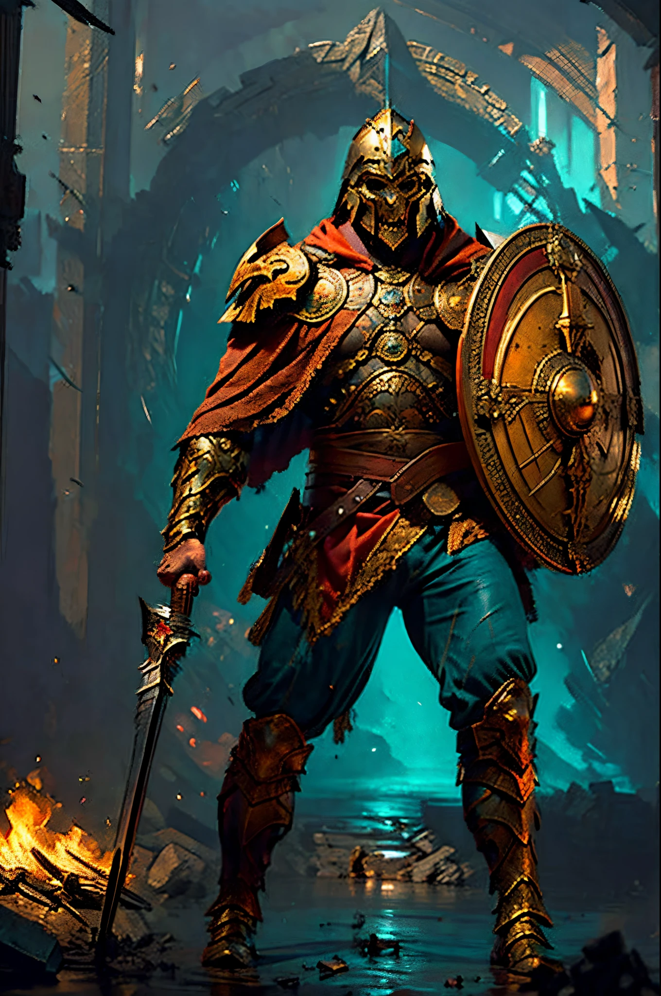 gothic art, lightand shade contrast, Standing painting, estimate, holland angle, emphasis lines, tmasterpiece, acurate, Anatomically correct, A high resolution, Best quality at best, super detailing, Award-Awarded，D14bl0 style，in the style of sp4rt4，warriors(Played by Dwayne Johnson），Metallic-toned biomechanical armor, red capelet，a shield，longspear,Epic war fantasy digital art，Correct ???????，Correct study，Hold the shield correctly，(greg rutkovsky:0.8), (cyan and orange:0.4），