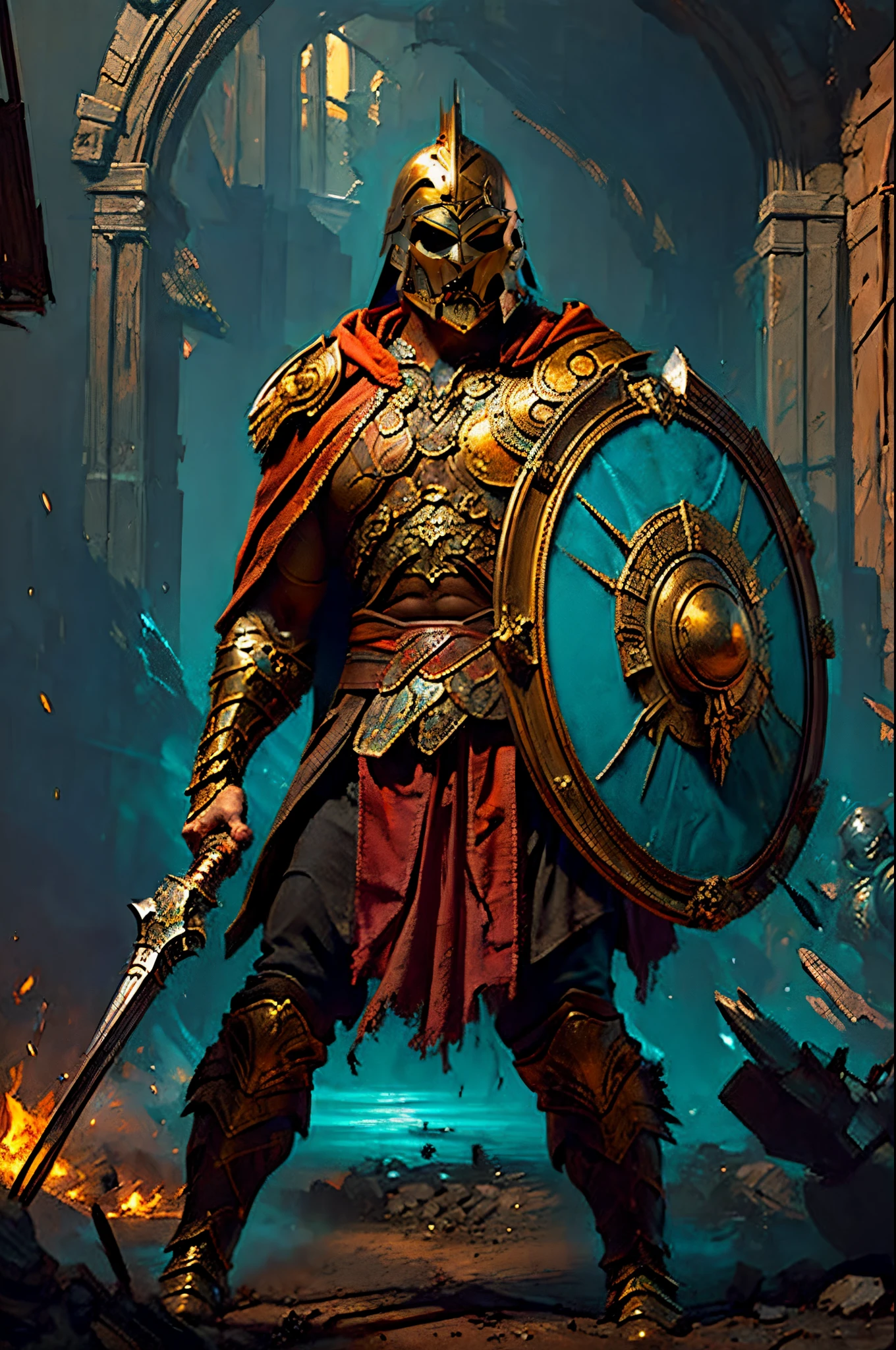 gothic art, lightand shade contrast, Standing painting, estimate, holland angle, emphasis lines, tmasterpiece, acurate, Anatomically correct, A high resolution, Best quality at best, super detailing, Award-Awarded,D14bl0 style,in the style of sp4rt4,warriors(Played by Dwayne Johnson),Metallic-toned biomechanical armor, red capelet,a shield,longspear,Epic war fantasy digital art,Correct anatomy,Correct study,Hold the shield correctly,(greg rutkovsky:0.8), (cyan and orange:0.4),