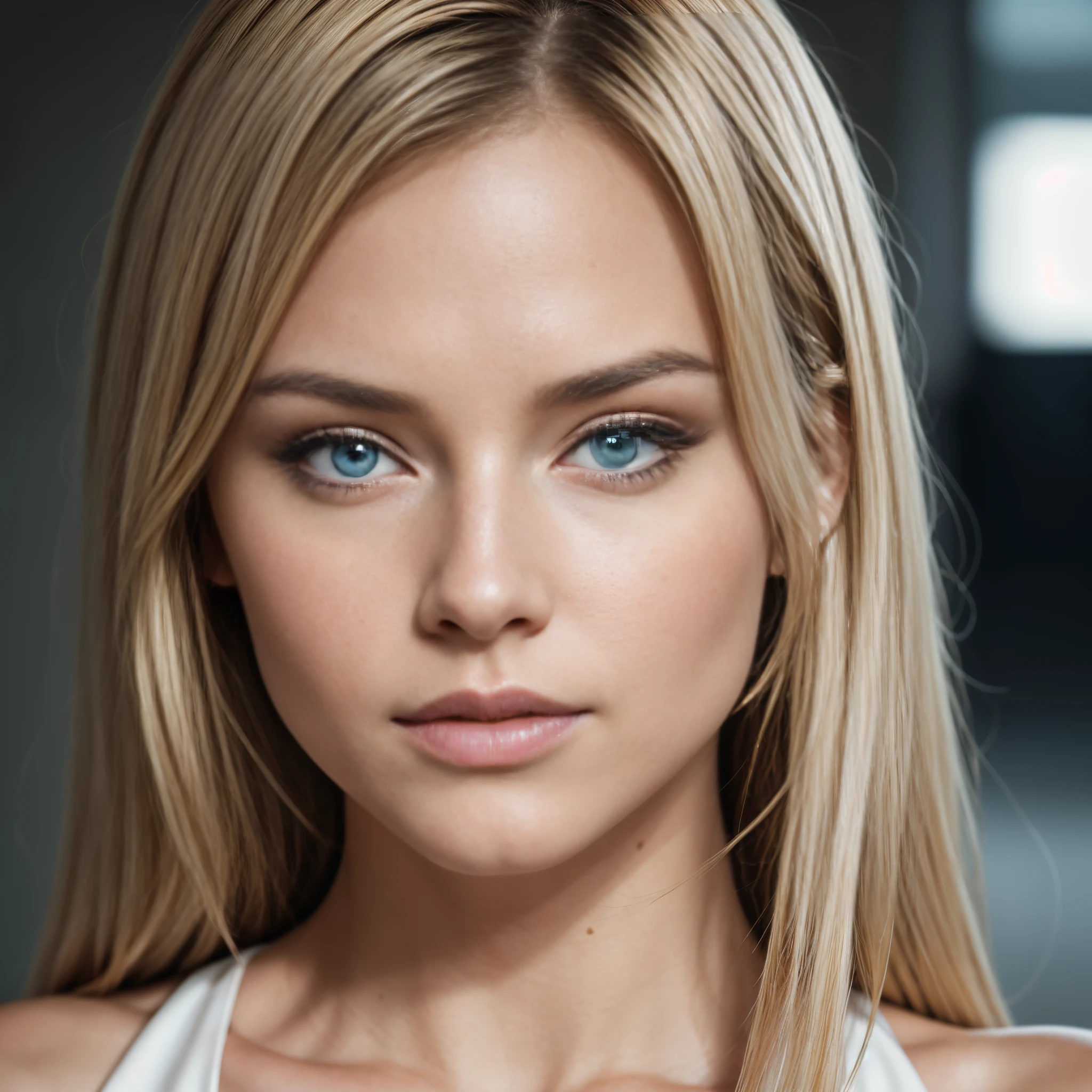 Photo professionnelle du visage uniquement, (Photo 4k:1.1); (jiner:0.3), (mise au point nette:1.3), High detail, Elegant businesswoman, perfect face, beautiful face, very light blue eyes, beautiful, cheveux blonds, confiant, fille en forme, Fille maigre, anatomie parfaite, Perfect symmetry:1.2, Realstic, realistic face:1.2, contenu, confiant, highly detailed, et dramatique, lighting cinematic, Lighting scene, soft lights
