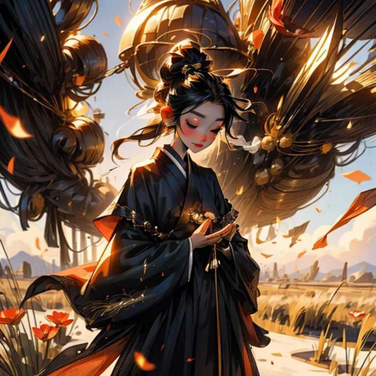 gold background，Background with sun halo，Japanese girl's face，Extra long black hair hanging to the ground，Wish，Two palms facing each other，a cassock，Sparkling，Comes with prayer beads，Quiet，Holy