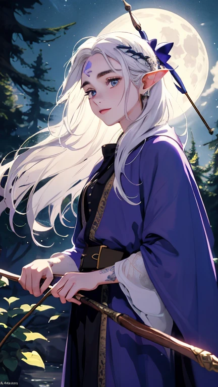 1 girl, top-quality, Ghibli Studio style, high resolution, Lily Collins face, long white hair, elf, elven archer, white facial tattoos, healthy skin, tanned, holding a magic bow, action scene, aiming bow, Professional artwork, Beautiful expression, beautiful face, beautiful eyes, Immersive purple atmosphere, backlight, Chiaroscuro:1.5, night time, full moon, high contrast, magical ambient, Luminous lighting, longshot, Professional artistic background, fantasy world, Girl holding a magic bow, Girl wearing a purple and blue cloth robe, full moon, night scene, forest, blue light, moonlight