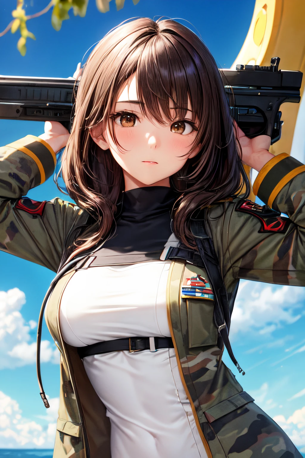 18-year-old young woman, de busto grande, Cabello largo color negro, brown eyes , ojos muy Bonitos y grandes, Uniforme de camuflaje del soldado, sin mangas y escotado mostrando el abdomen, pistola, mirada seria, Obra maestra, alta calidad