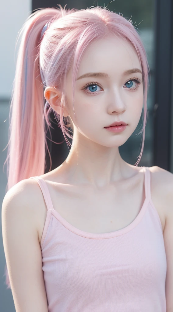 A adorable cute with blue eyes, pale skin, smooth pale skin, skin tune pink, cute face, pink hair, ponytail hair, super detailed, 8k