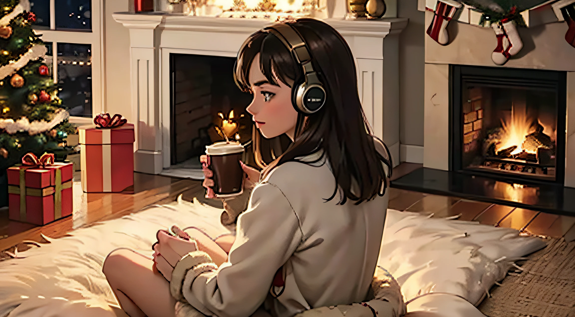 lofi brunette margot robbie with headphones sitting on the floor with a cup of coffee in front of a christmas tree, christmas vibe, night, fireplace, cosy vibes, cozy, seasons!! : 🌸 ☀ 🍂 ❄, 😭🤮 💔, cozy aesthetic, highly christmas decorated, 🕹️ 😎 🔫 🤖, with a tree in the background, back view, ultra high quality, high details,