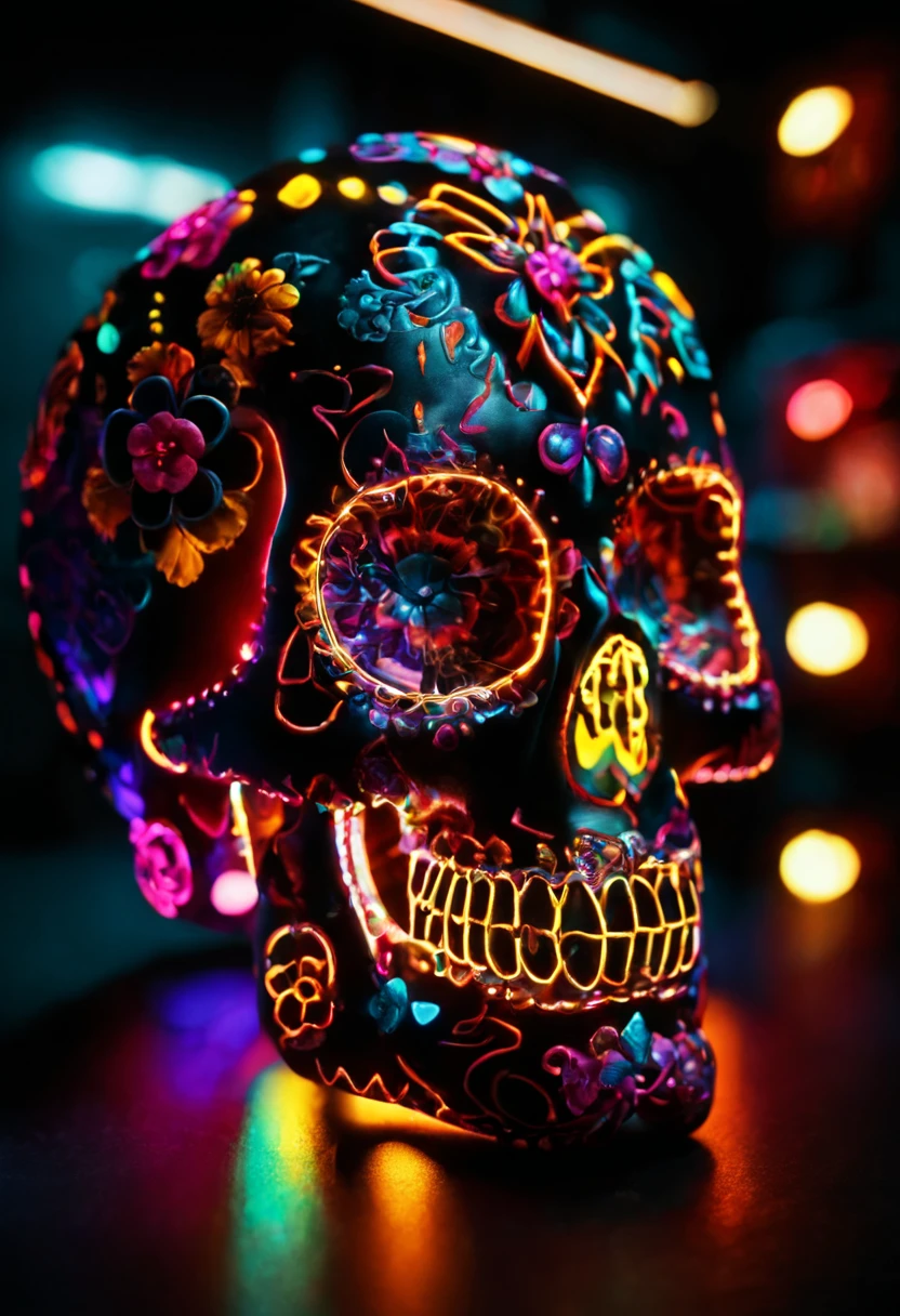 "Photo of a vibrantly decorated sugar skull, illuminated by neon lights in a dark setting. The skull features intricate neon patterns and designs, glowing vividly in a dark room with an overall moody atmosphere.