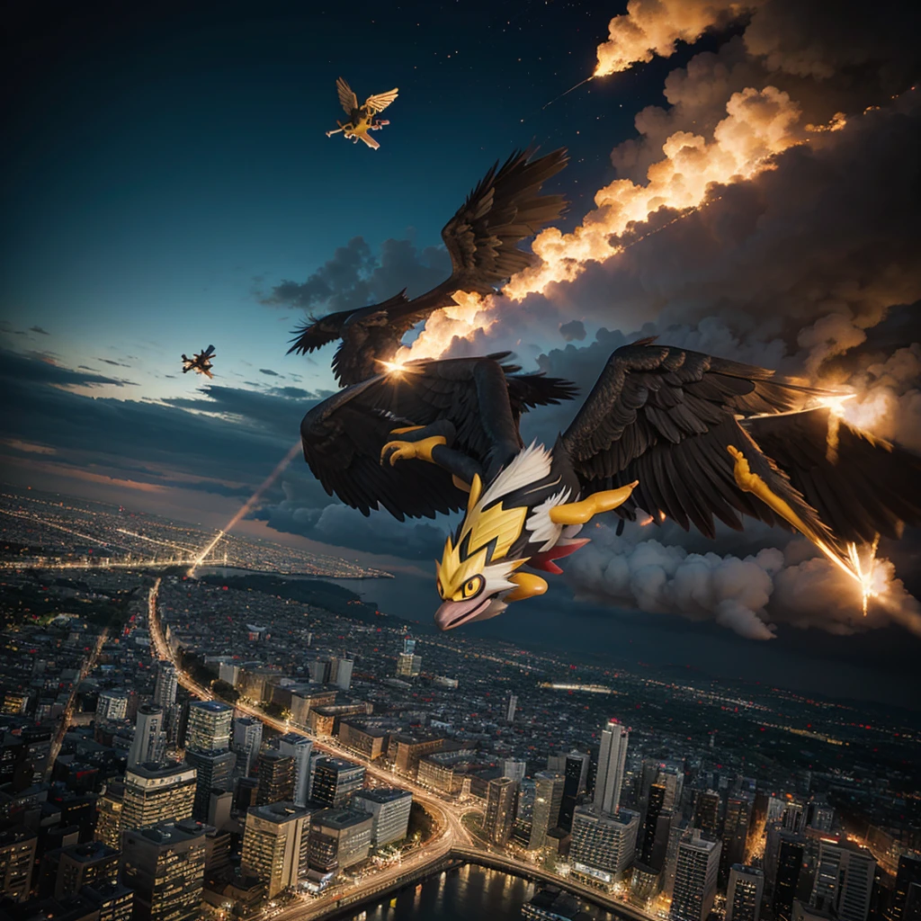 Zapdos flying over city with ash Ketchum underneath