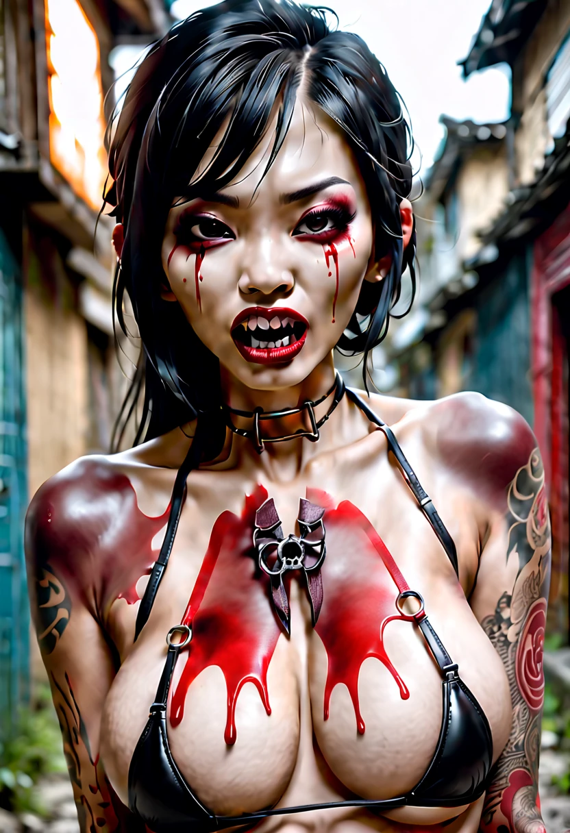 grafitti covered alley with destroyed cars and trash, beautiful gothic asian vampire woman with yakuza style tattoo all over her body  and sharp fangs protruding between the lips of her mouth wearing black and red leather thong bikini and black fishnet stockings with a red garter she walks away into the dark end of the alley her backside revealed, backside, angry and showing her long fangs with blood dripping from the corner of her mouth