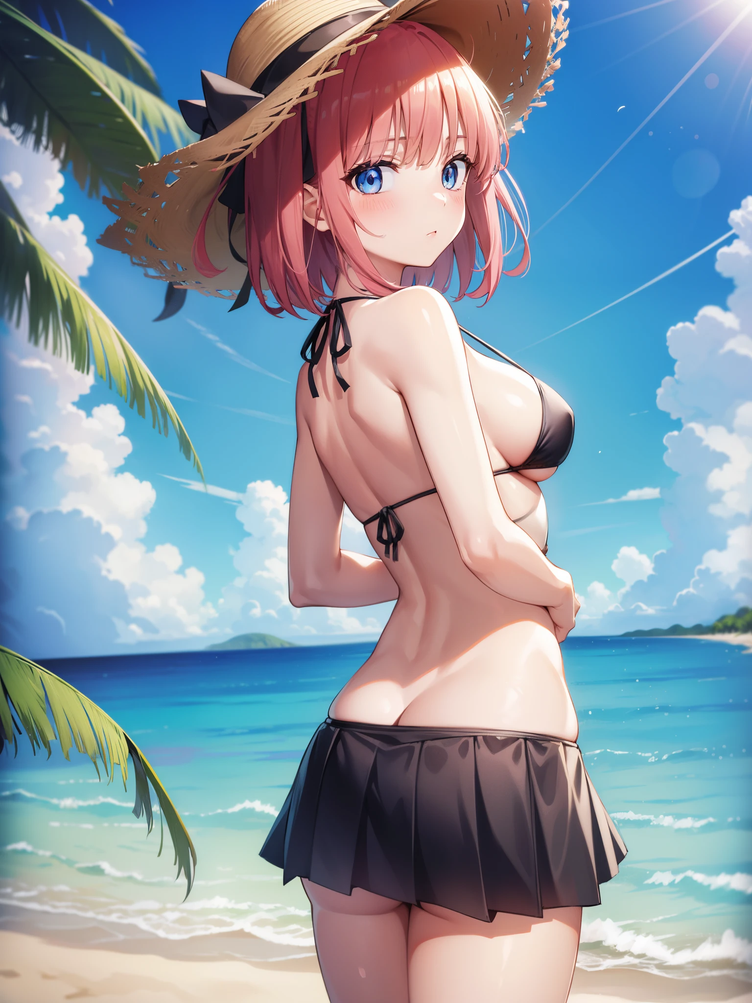 1girl, nino nakano, Short hair, Bangs, Blue eyes, Hair Ornament, Hair Ribbon, Pink hair, Blunt bangs, two side up, (blush:1.1),
BREAK (skirt style bikini:1.3), (a straw fedora hat:1.3), (black bikini:1.2), black skirt, (string skirts:1.3), (black ribbon on hat:1.5), huge breasts, Naked, Exposed skin, (fold your arms behind your back:1.3), (looking back:1.2), standing,
BREAK (sea:1.2), (beach:1.1), (solar:1.2), morning,
BREAK looking at viewer,
BREAK (masterpiece:1.2), best quality, high resolution, unity 8k wallpaper, (illustration:0.8), (beautiful detailed eyes:1.6), extremely detailed face, perfect lighting, extremely detailed CG, (perfect hands, perfect anatomy),