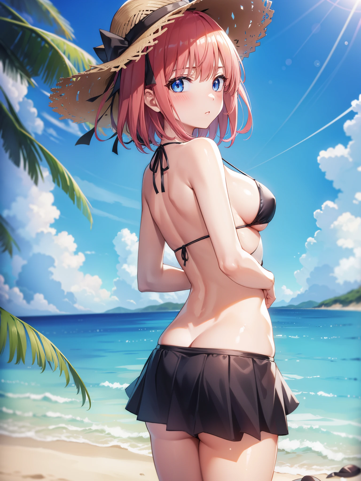 1girl, nino nakano, Short hair, Bangs, Blue eyes, Hair Ornament, Hair Ribbon, Pink hair, Blunt bangs, two side up, (blush:1.1),
BREAK (skirt style bikini:1.3), (a straw fedora hat:1.3), (black bikini:1.2), black skirt, (string skirts:1.3), (black ribbon on hat:1.5), huge breasts, Naked, Exposed skin, (fold your arms behind your back:1.3), (looking back:1.2), standing,
BREAK (sea:1.2), (beach:1.1), (solar:1.2), morning,
BREAK looking at viewer, 
BREAK (masterpiece:1.2), best quality, high resolution, unity 8k wallpaper, (illustration:0.8), (beautiful detailed eyes:1.6), extremely detailed face, perfect lighting, extremely detailed CG, (perfect hands, perfect anatomy),