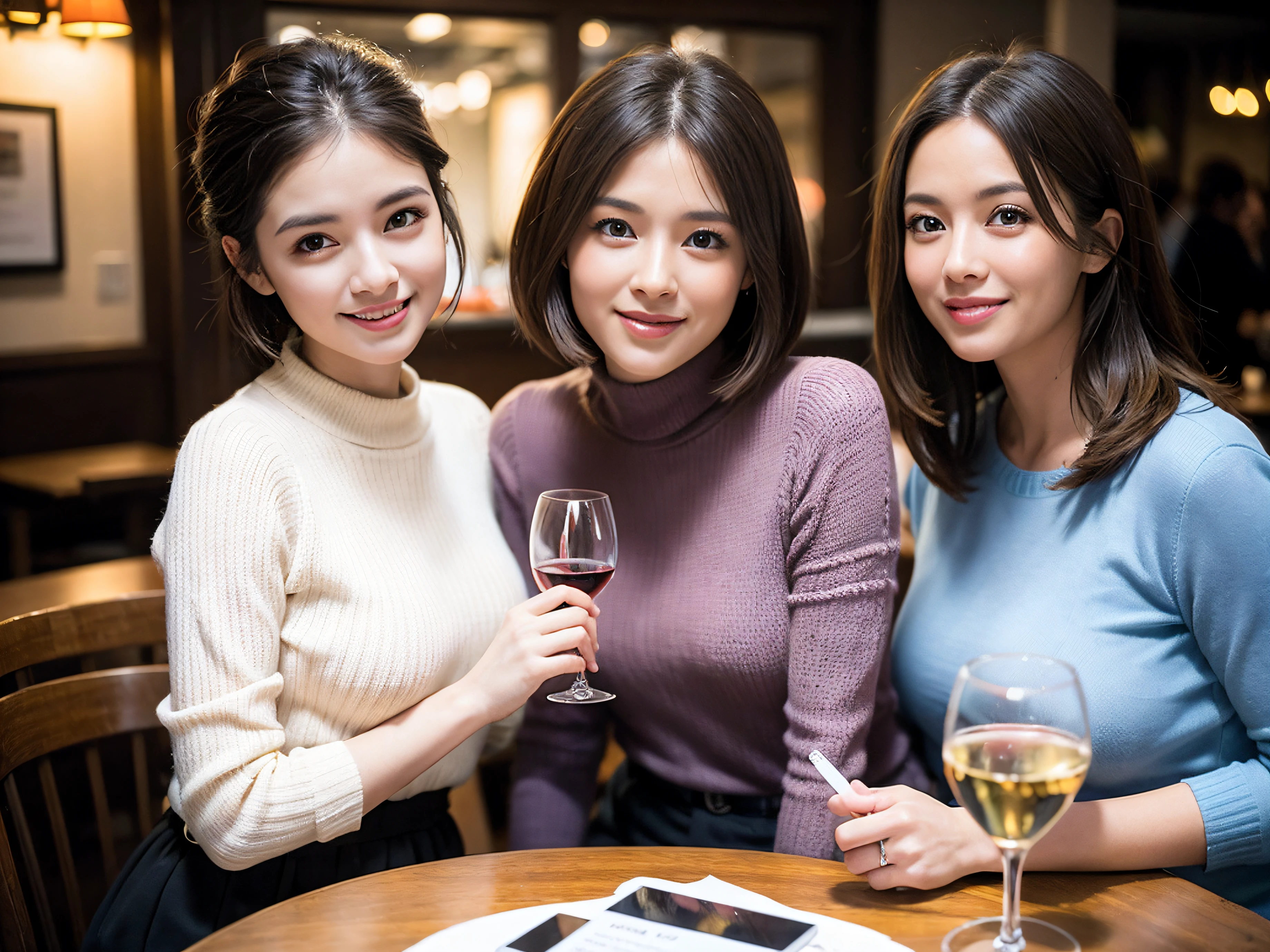 (64k uhd、nffsw、top-quality、masterpiece:1.2)、(realisitic、Photorealsitic:1.37)、ultra-detailliert、wine glasses、enjoying a glass of wine、a matural female、Two beautiful women、(Slim Faces)、(Slim body)、(brawn hair)、(short-cut)、smiling french woman、happy italian girl、British woman、Americana、blush a little on the cheeks、(38 years)、42 year old、red wine、A beautiful and detailed night view spreads out outside the window...、resturant、Wine glasses in a prominent place、natta、(from waist up)、sitting on、date、(A smile:1.15)、Beautiful detailed eyes、Cashmere sweater、long-sleeved dresses、japanes、(short-hair:1.2)、Float NovaFrogStyle、、modeled、from waist up、white wine、Slimed、wine glasses、Super beautiful night view、Put the wine glass in the middle、Happy smile、(8K、Raw photography、top-quality、masterpiece:1.2)、(realisitic、Photorealsitic:1.37)、ultra-detailliert、超A high resolution、2 females、see the beholder、beautifull detailed face、A smile、Constriction、(Slim waist) :1.3)、knit shirt、Beautiful detailed skin、Skin Texture、floated hair、professional light needle breast、eyes gentle