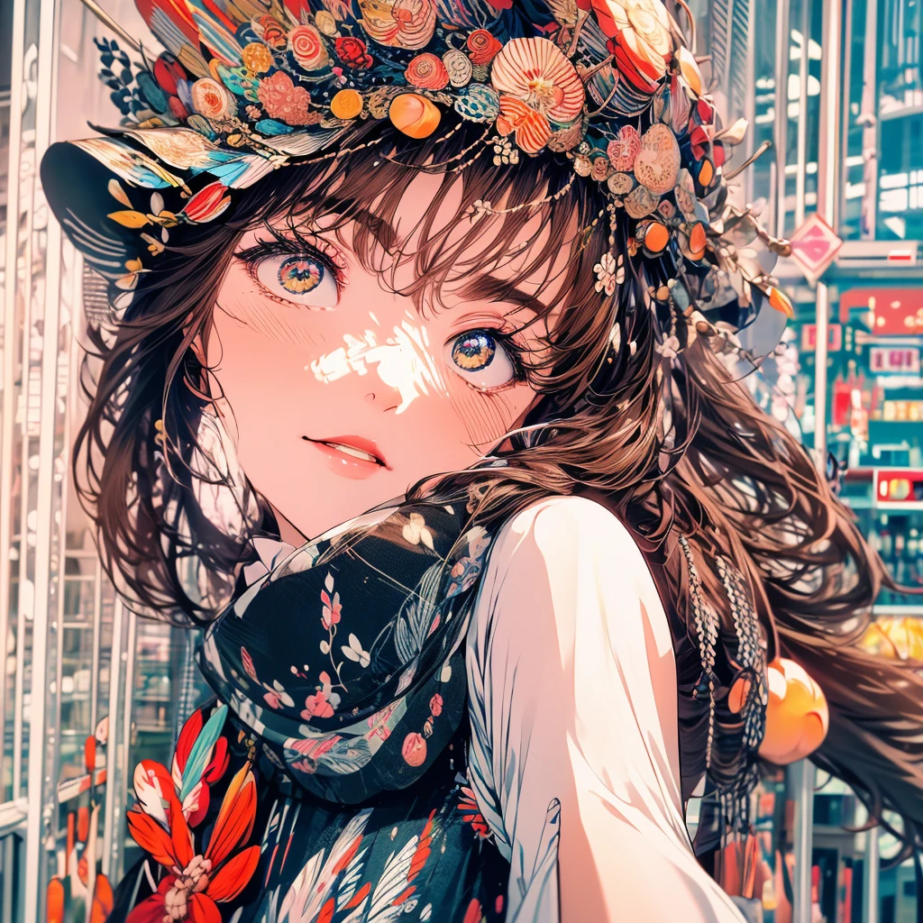 Elegant and graceful skirt, beautiful hair and eyebrows like distant mountains, peach blossom eyes, red lips slightly parted, gentle and demure, playing the pipa with bare hands, lightly holding neon clothes and feathers, walking lightly