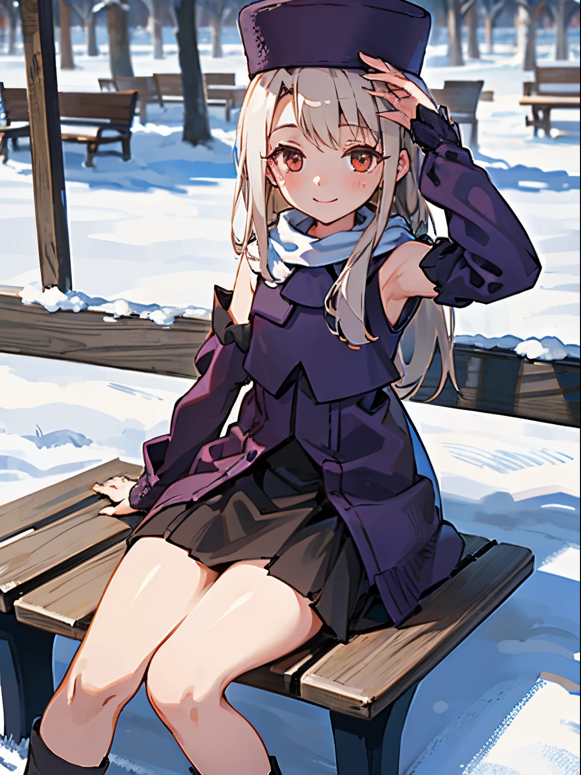 1girl, high quality, best quality, illustration, masterpiece, (highly detailed:1.2), (extremely detailed:1.3), flat chest, winter clothing, sleeveless, detachable sleeve, thigh high skirt, young girl, braid, petite, ****, outdoor, snowy park, winter, detailed arms, innocent smile, selfie, sitting on park benches, specular lighting, moisturized skin, backless, selfie