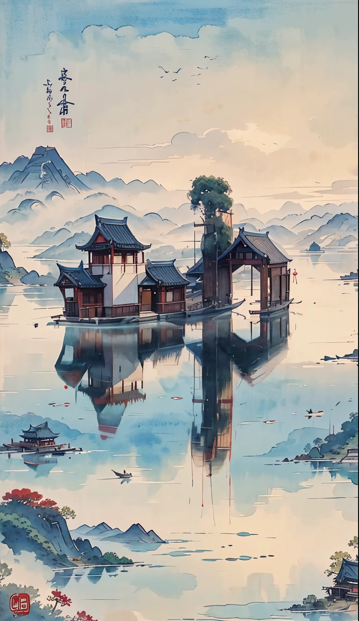 Mountain painting with a pagoda on a small island, chinese watercolor style, chinese painting style, digital painting of a pagoda, Chinese landscape, traditional Chinese watercolor painting, Chinese-style painting, Japan Art Style, Highly detailed watercolor 8k, highly detailed water colour 8 k, detailed painting 4 k, author：Hero, Japanese painting, author：Qu Leile