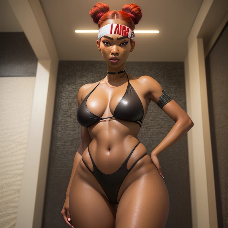 1girl, dark-skinned female, red hair, small breasts, brown eyes, asian face, double bun, facing viewer, thic legs, open legs, micro bikini red, headband, collarbone, navel, standing, whole body, cleavage, cyberpunk, open hospital, artgerm,(insanely detailed, beautiful detailed face,beautiful detailed eyes, masterpiece, best quality)