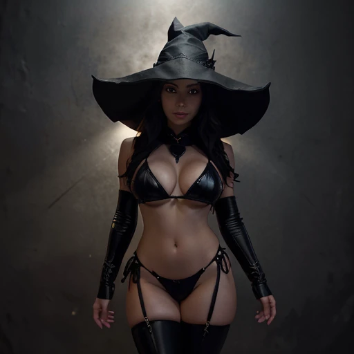 full body, a close up,, inspired by rossdraws, fantasy art, black witch hat, panel of black, glowing details, brittney lee, full body, bikini, big breast