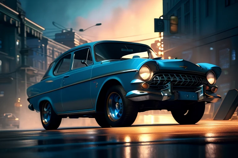 there a blue car that parked on the street, highly detailed hyper real retro, cinema 4d cinematic render, unreal engine. retro film still, moskvich, octane photoreal 3 d render, photorealistic render in octane, photo realistic octane render, photorealistic cinematic render, octane cgsociety, digital painting. octane render, octane trending on cgsociety