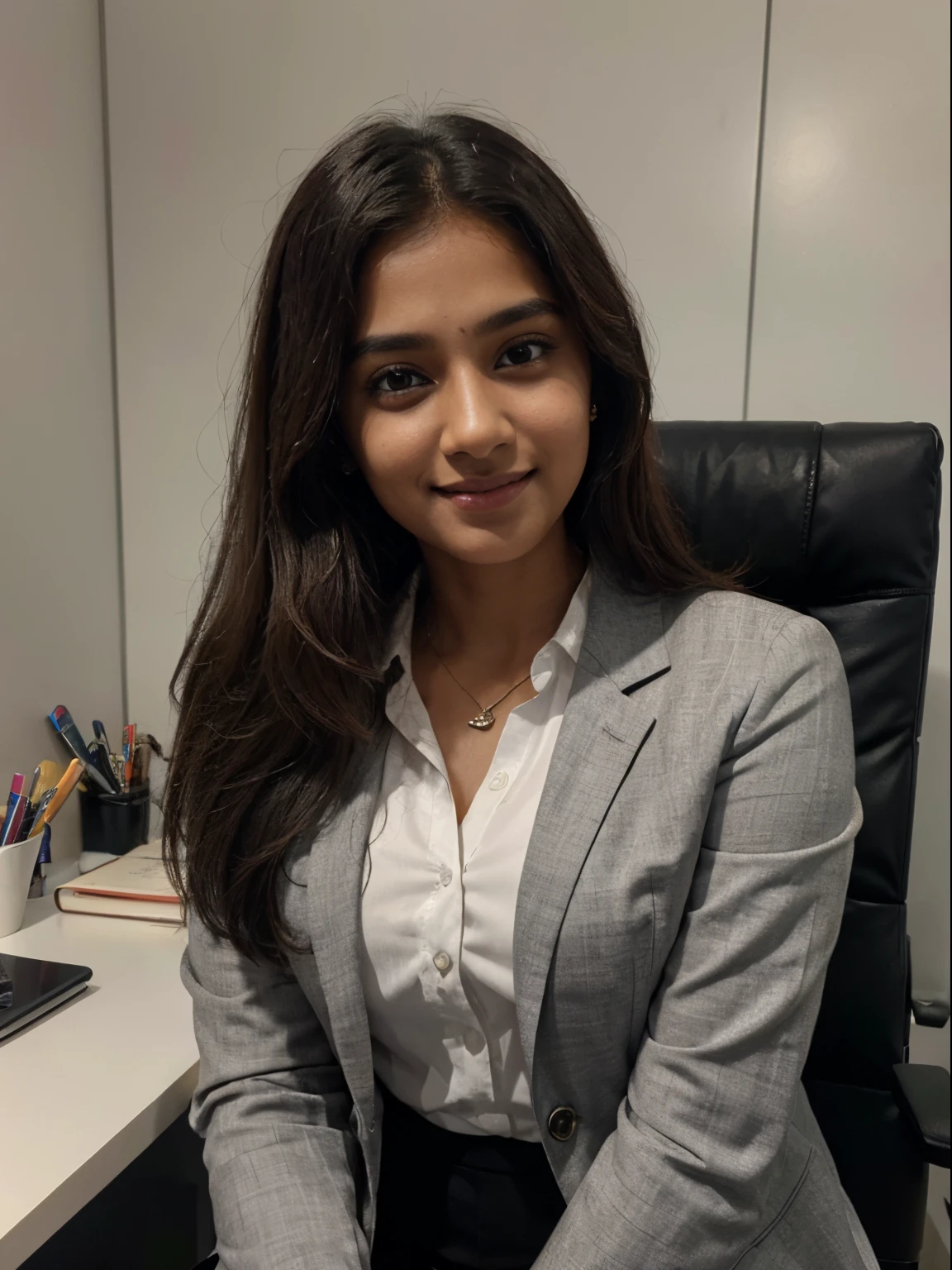 1 cute confident young indian girl sitting in her office cubicle, height 160 centimetres, petite build, fair skin, average hair length of 60 centimetres, photorealistic, detailed eyes, highly detailed, 8k, office uniform, wearing a grey blazer, white shirt, close up shot, smiling, photo taken from the side, eyes gazing top left of the screen