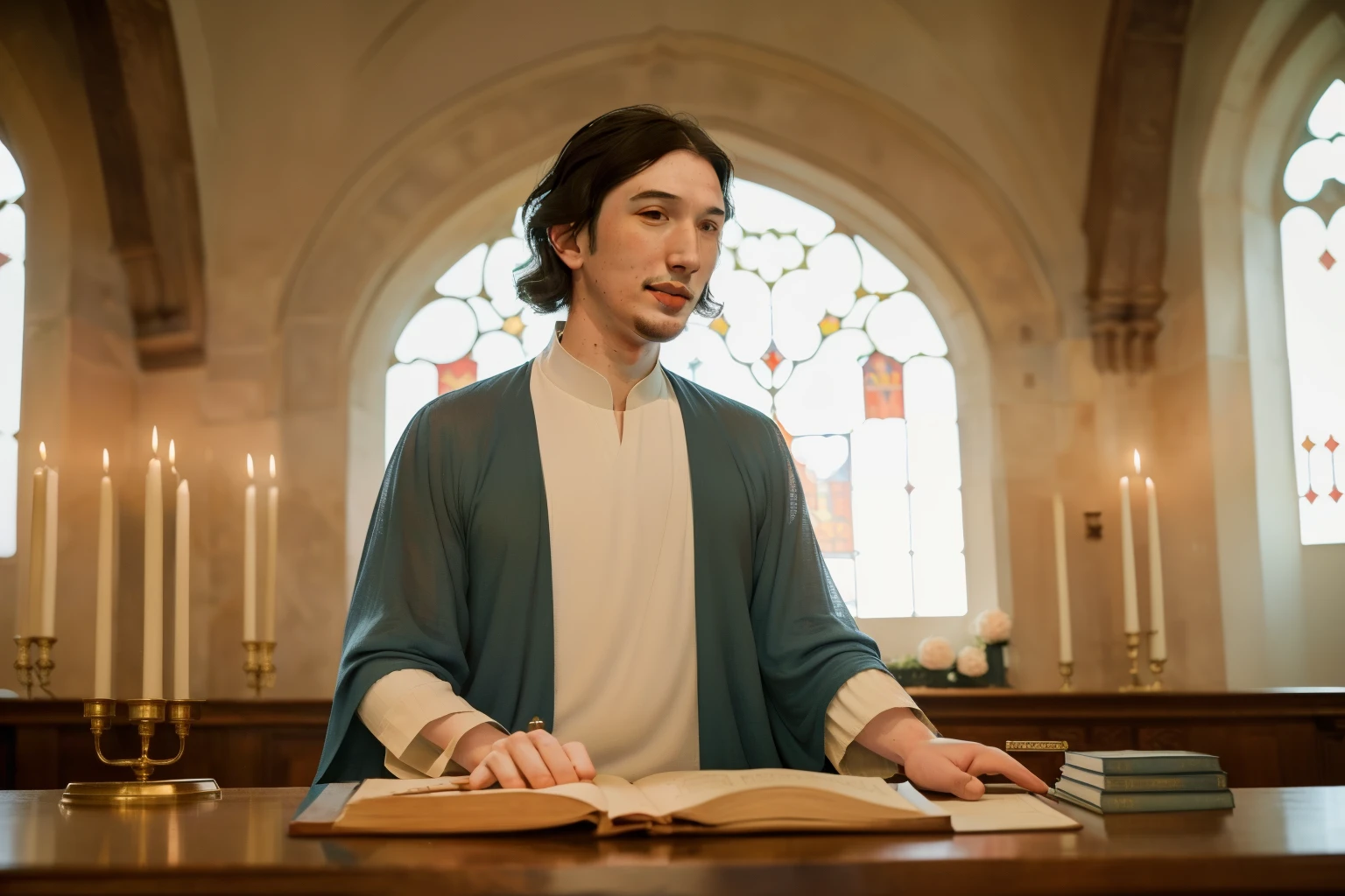 Arafed man in a blue robe reading a book in a church - SeaArt AI