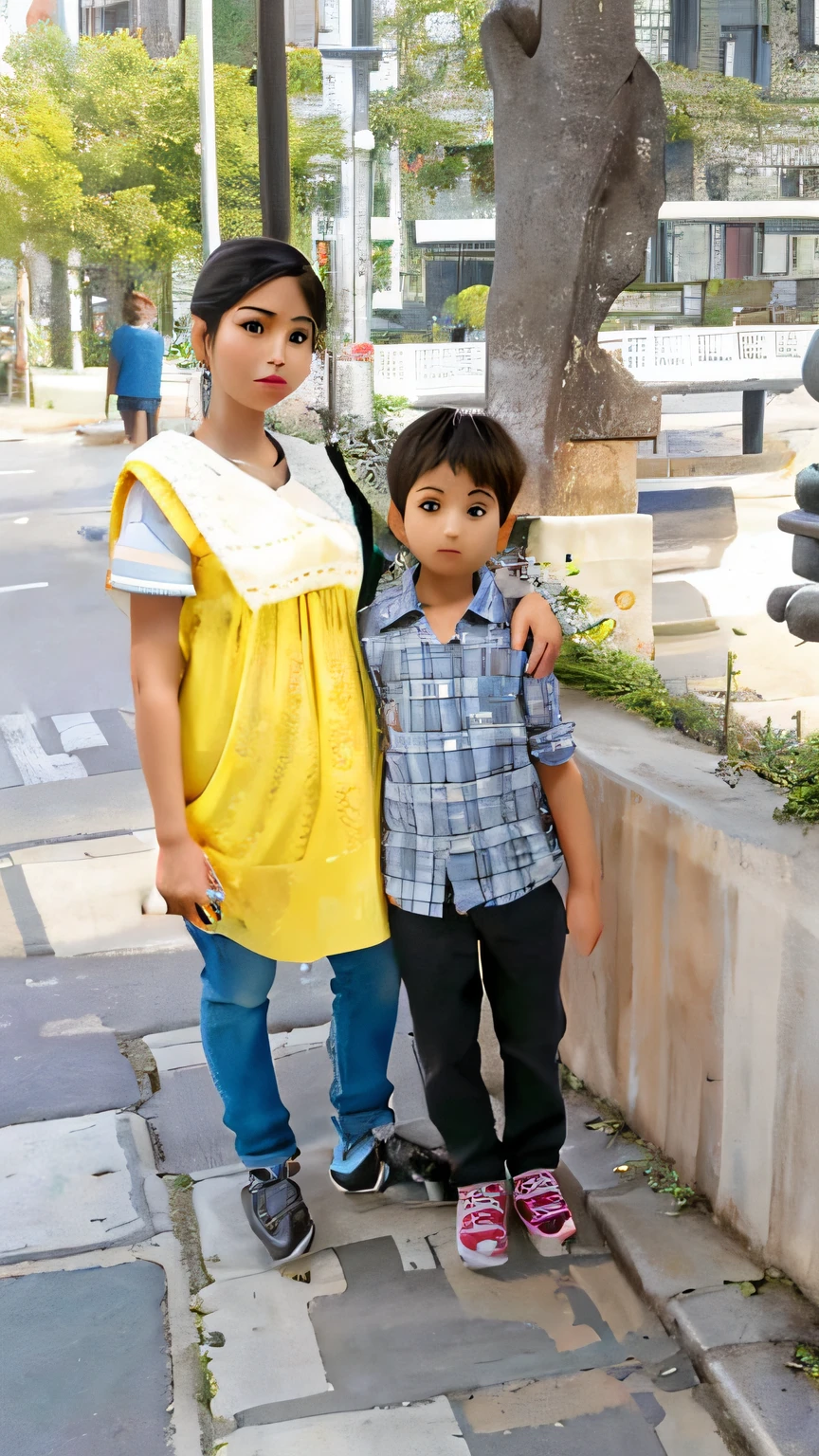 there a woman and a boy standing next to each other, with a kid, very clear picture, very very low quality picture, profile pic, old picture, ayan nag, picture, very beautiful photo, graphical, with lovely look, in city street, thought provoking, a picture, good night, 3 0 years woman, facebook post, high quality upload