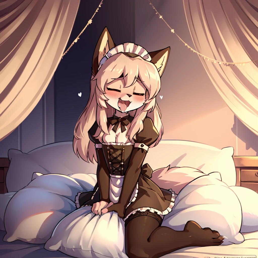 tmasterpiece,Best quality,own, beast wild, fluffy woman, Wolf-eared ax detail), (Light and shadow for any pillow background)), Cute girl in maid costume posing on pillow, the maid outfit,natural,, (face flushed),A smile,pillow head,(many pillows),soft pads,(Canopy bed),Soft pillow quotation,(damaged pillow),many pillows,(crotch rub),((Pillow hump)),(pillow head),(One tail),,(Pink pillows),(The love surrounding the protagonist),(steams),(pillow head),(),(Luxury pillows),(Palace pillow pattern pillow),(palaces),(Palace bedroom),(Gorgeous pattern pillow),Soft pillows,,(Classical European style bedroom ),(Excited,with her mouth open,saliva,the shy,Tsundere,Holding urine,liquids,liquids,lack of expressiveness,),,ifox girls,Lace pantyhose,lace pillow, shiver, with her mouth open, saliva,The liquid flows downward,'s,With his eyes closed,lust,drools,Pillow liquid,shiver